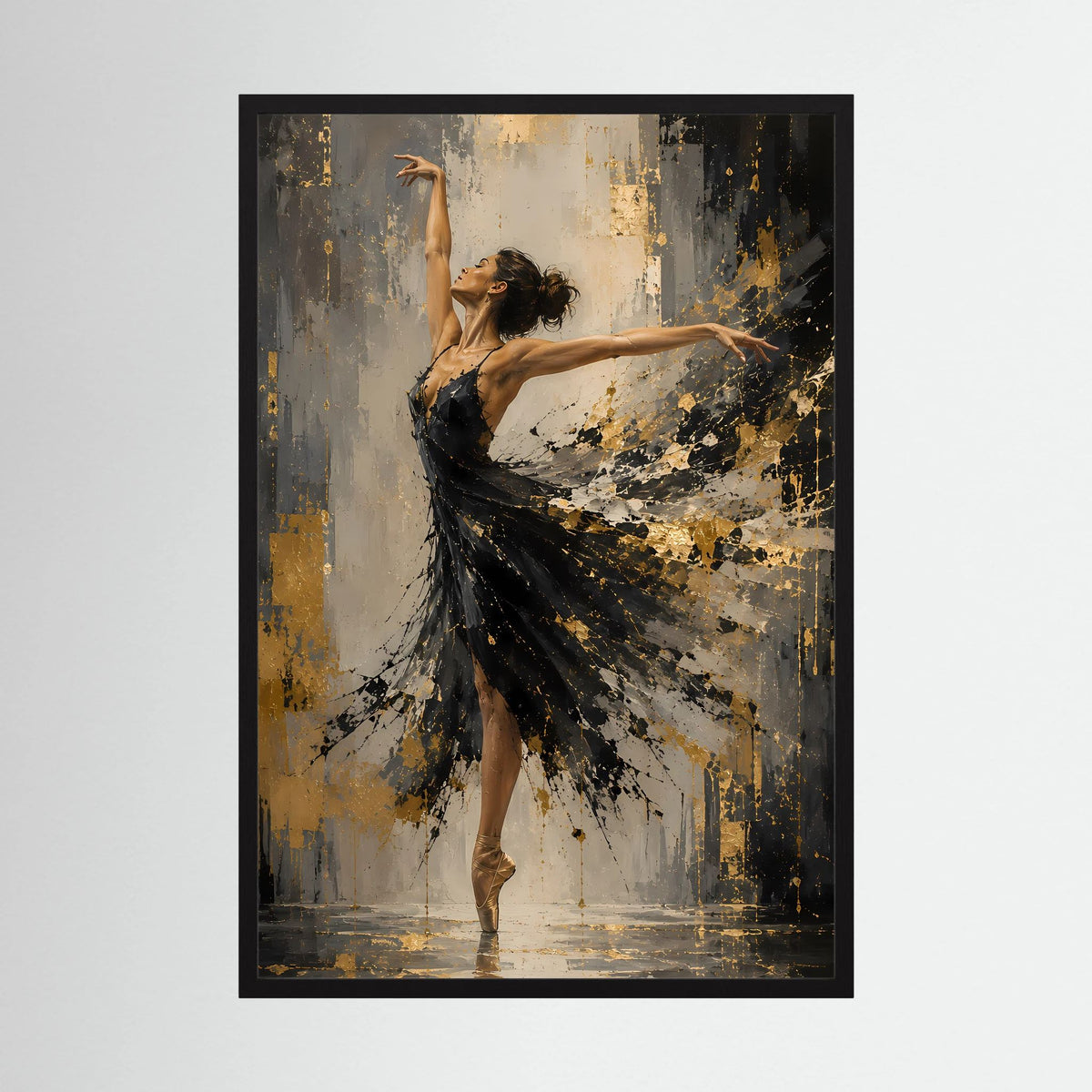 Kunstposter mit Ballerina in Schwarz und Gold im schwarzen Rahmen, hochformatig