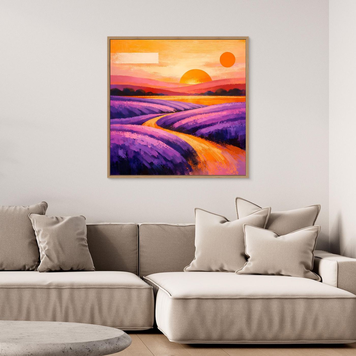Wandbild auf Leinwand: abstrakte lila Lavendelfelder, orange Sonne und tiefes Landschaftsband