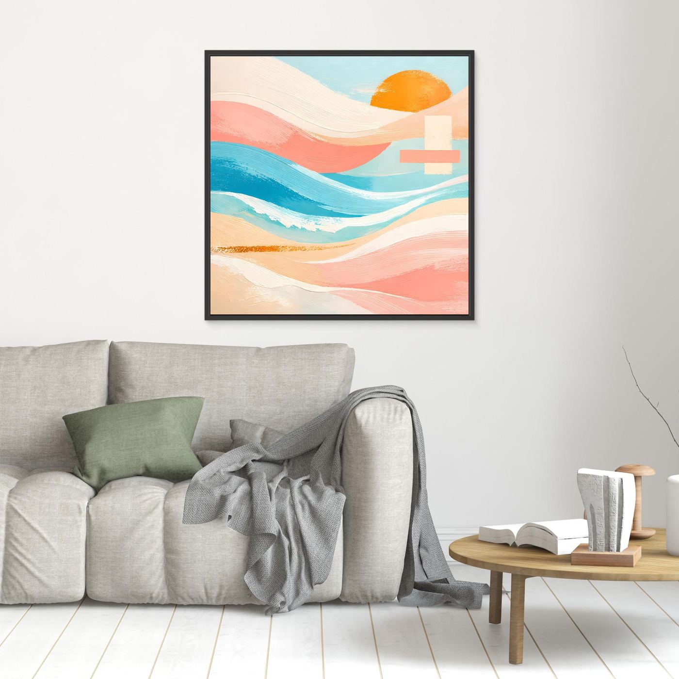 Kleines Leinwandbild mit abstrakten Meereswellen und orangefarbener Sonne in Pastellfarben, schwarz gerahmt