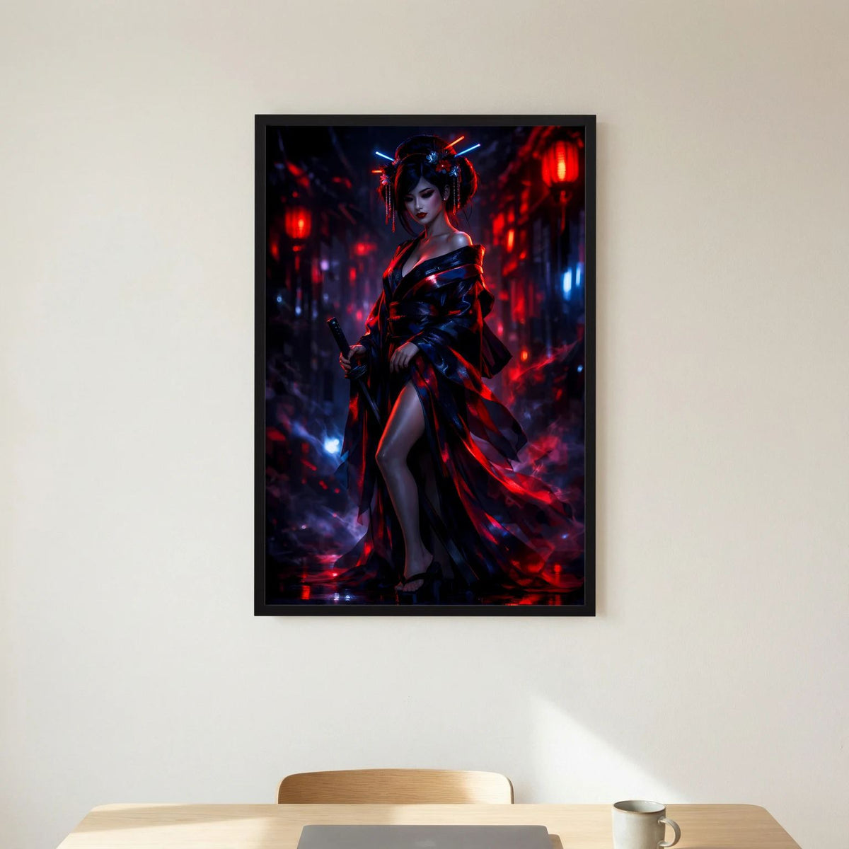 Senkrechtes Wandposter mit Samurai-Kriegerin, Katana seitlich gehalten, Neon-Rot und Blau, schwarz gerahmt