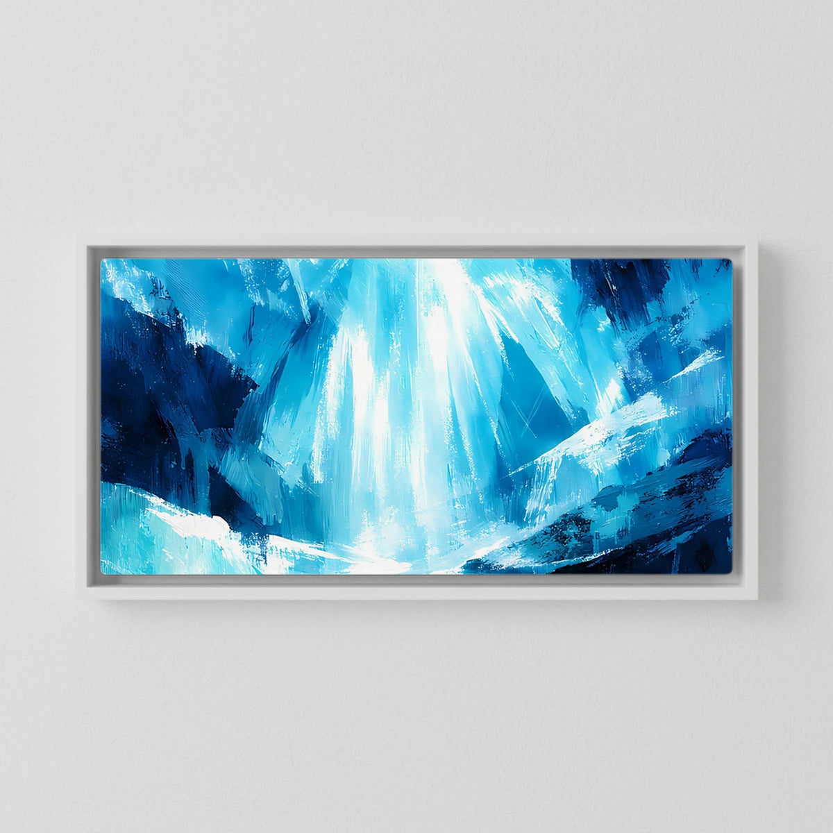 Abstraktes Leinwand-Wandbild mit Eisblau-Motiv im grauen Rahmen