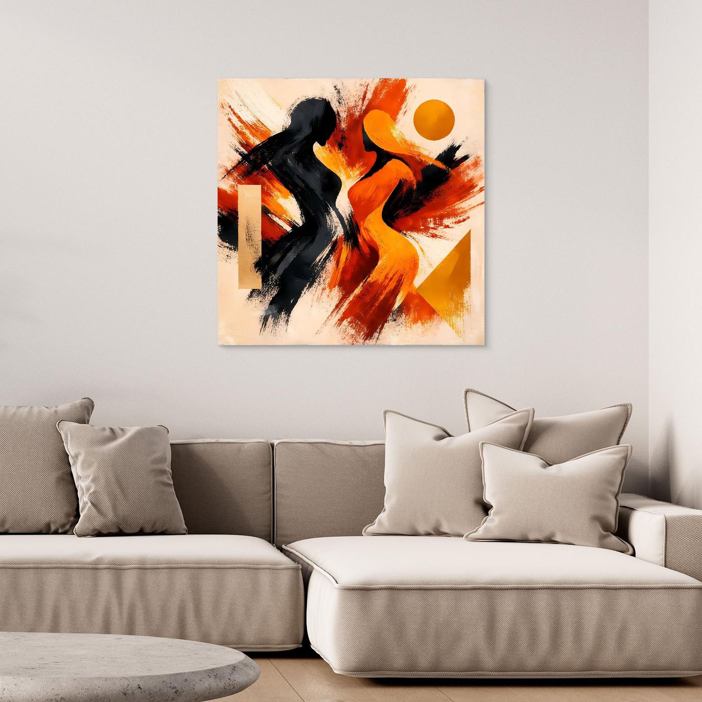 Abstraktes Leinwandbild: schwarze Silhouetten, Orange und Gelb auf beigem Grund