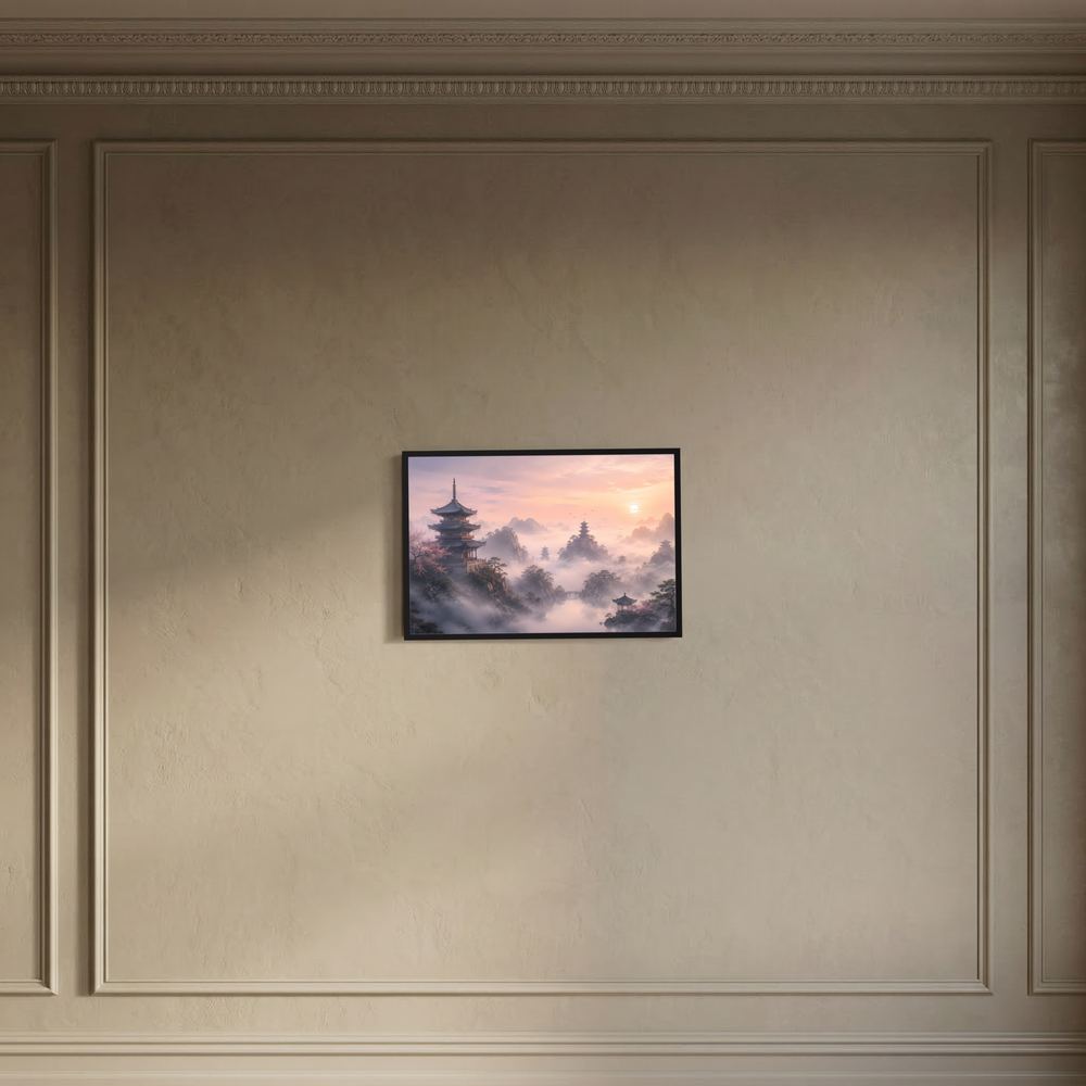 Wandbild mit Pagodenlandschaft und Pastellrosa-Sonnenaufgang im schwarzen Rahmen, Nahansicht