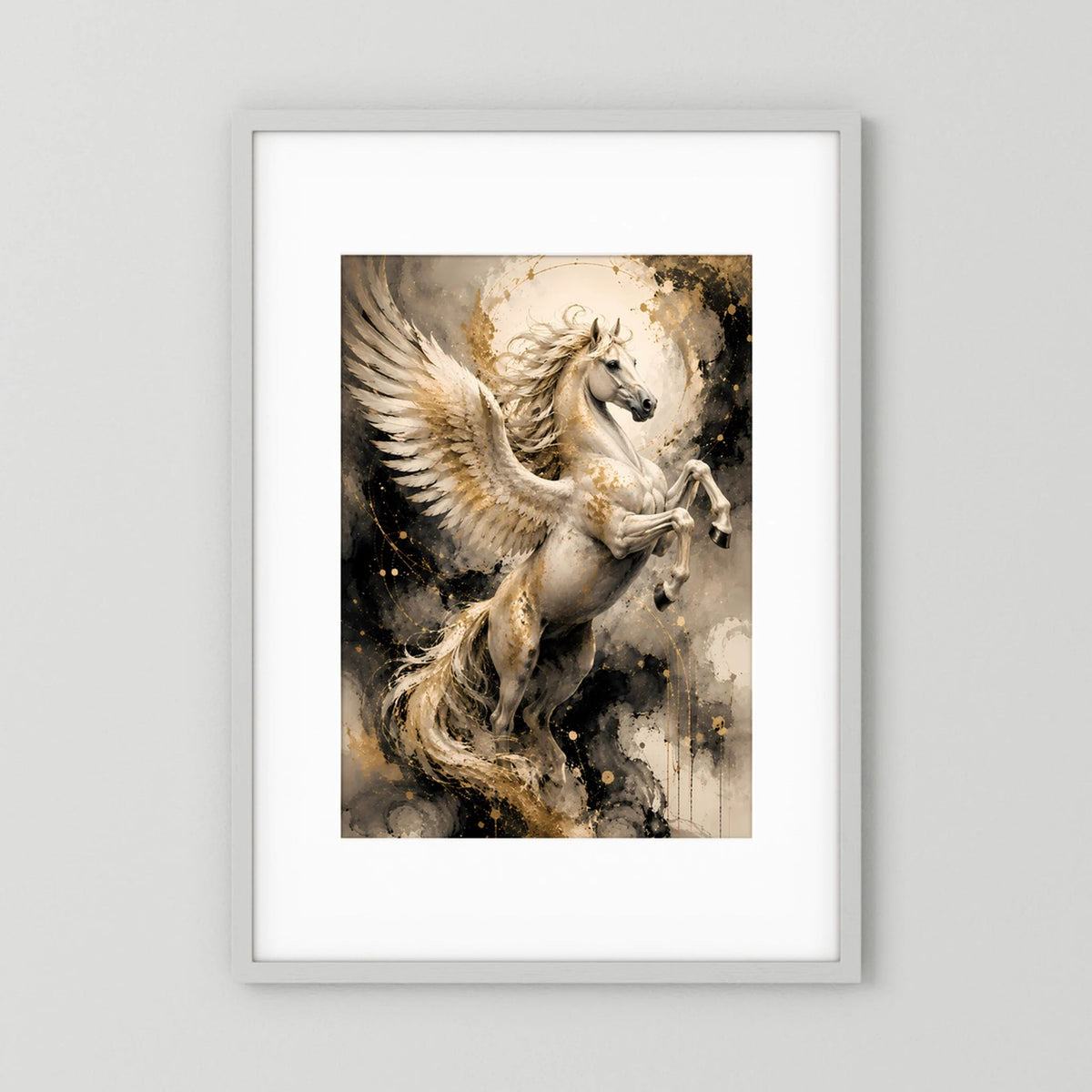 Hochformat-Poster mit weißem geflügeltem Pferd und goldenen Spritzern, im weißen Rahmen