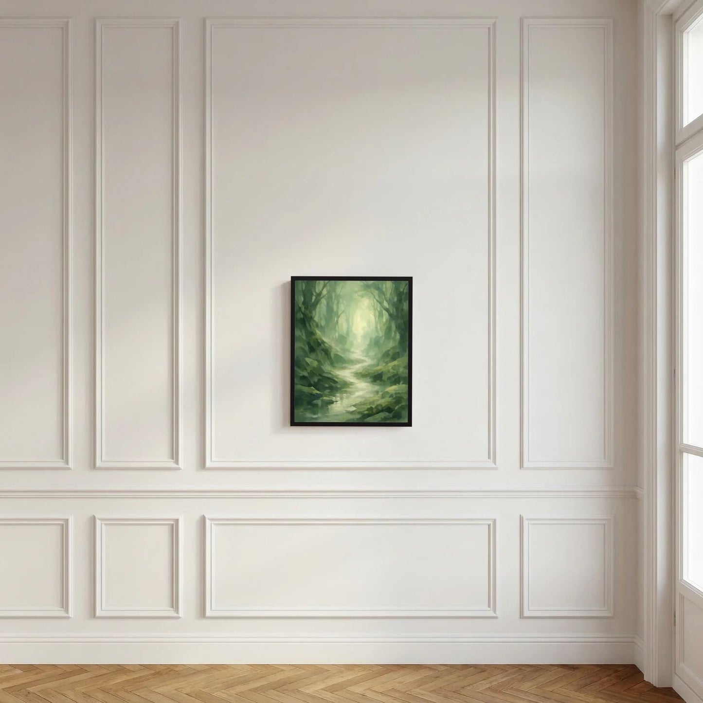 Gerahmter Kunstdruck: grüner Waldweg mit Nebel und Lichtschimmer, zartes Motiv