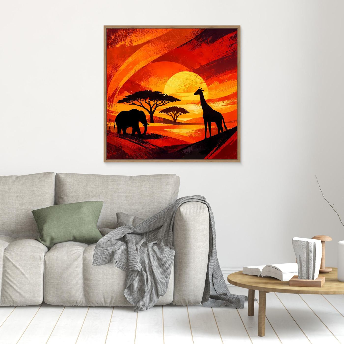 Gerahmtes Leinwandbild mit Elefant- und Giraffensilhouetten, abstrakter Savanne im Sonnenuntergang