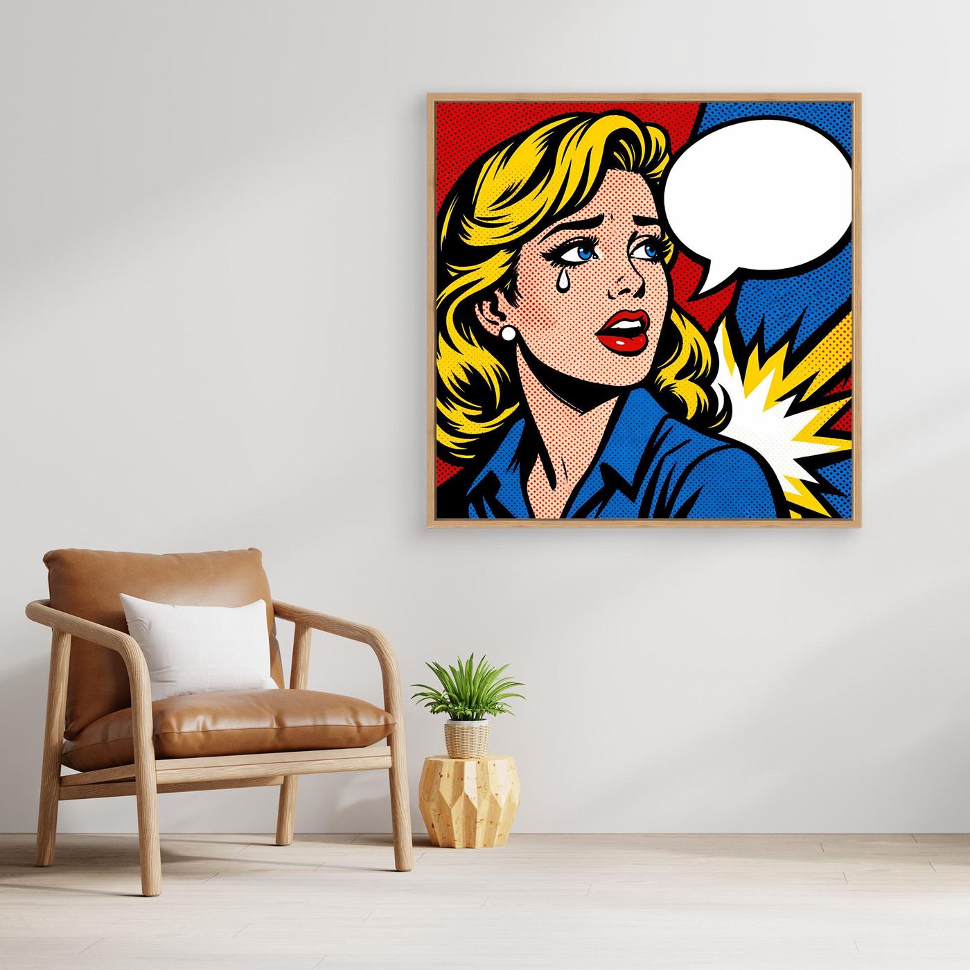 Leinwandbild im Comic-Stil mit Frauenporträt in Blau, gelben Haaren und Sprechblase