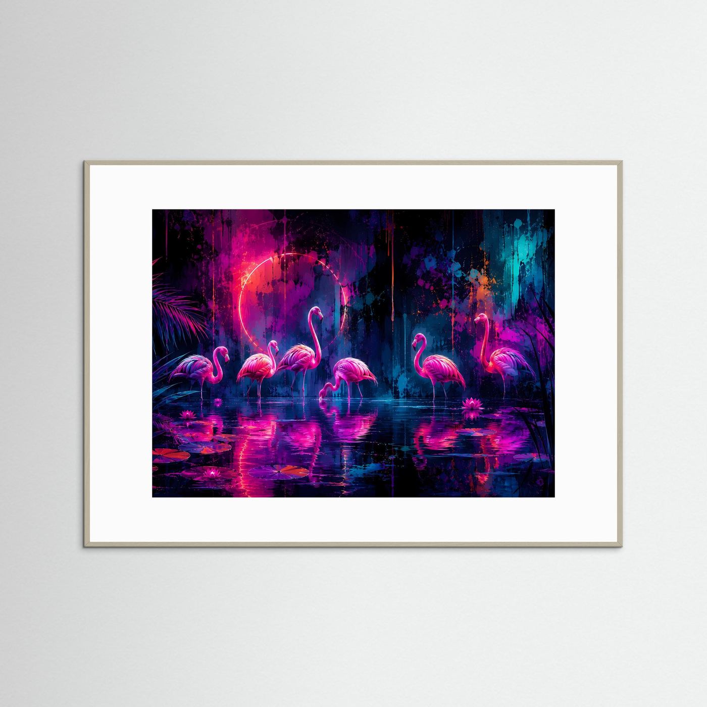 Neon Flamingos Poster | Magische Tropische Nacht in Pink Blau Fantasy Wandbild Querformat