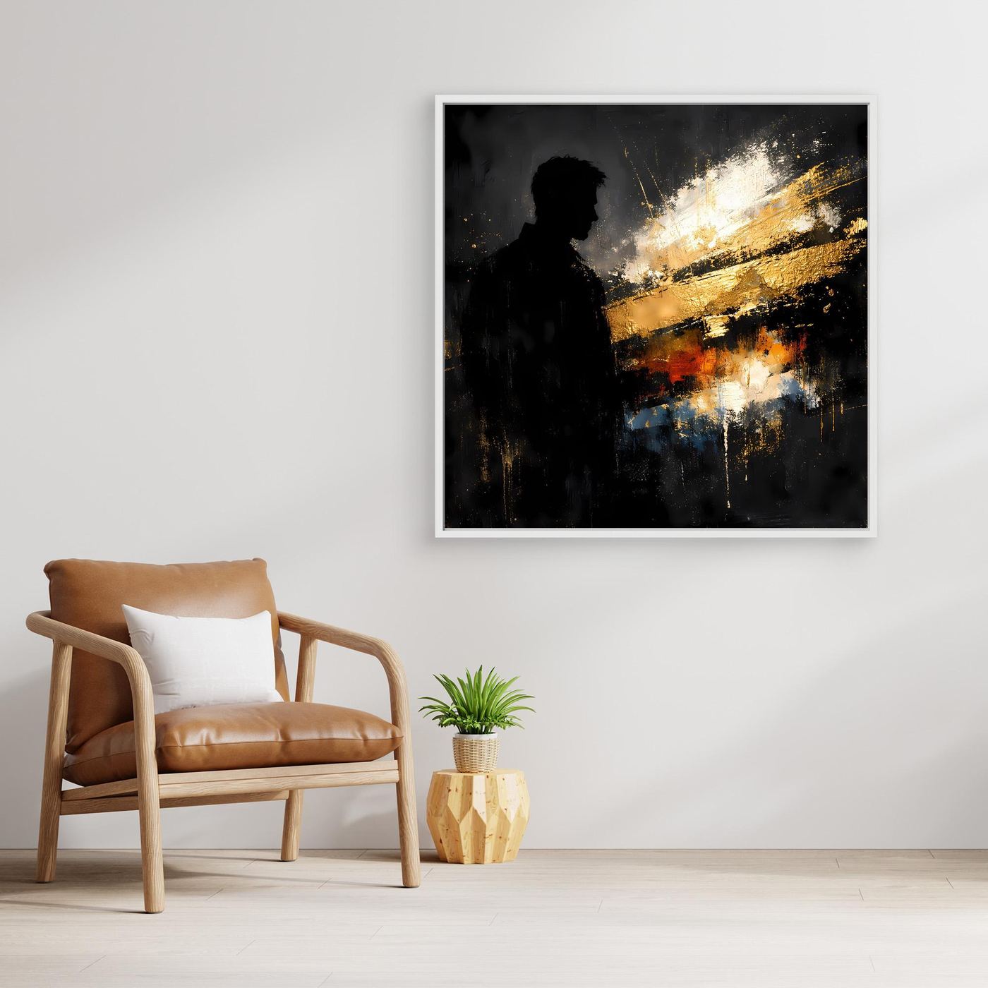 Leinwand Markante Silhouette in Gold und Schwarz | Modernes Abstraktes Männer Portrait Wandbild
