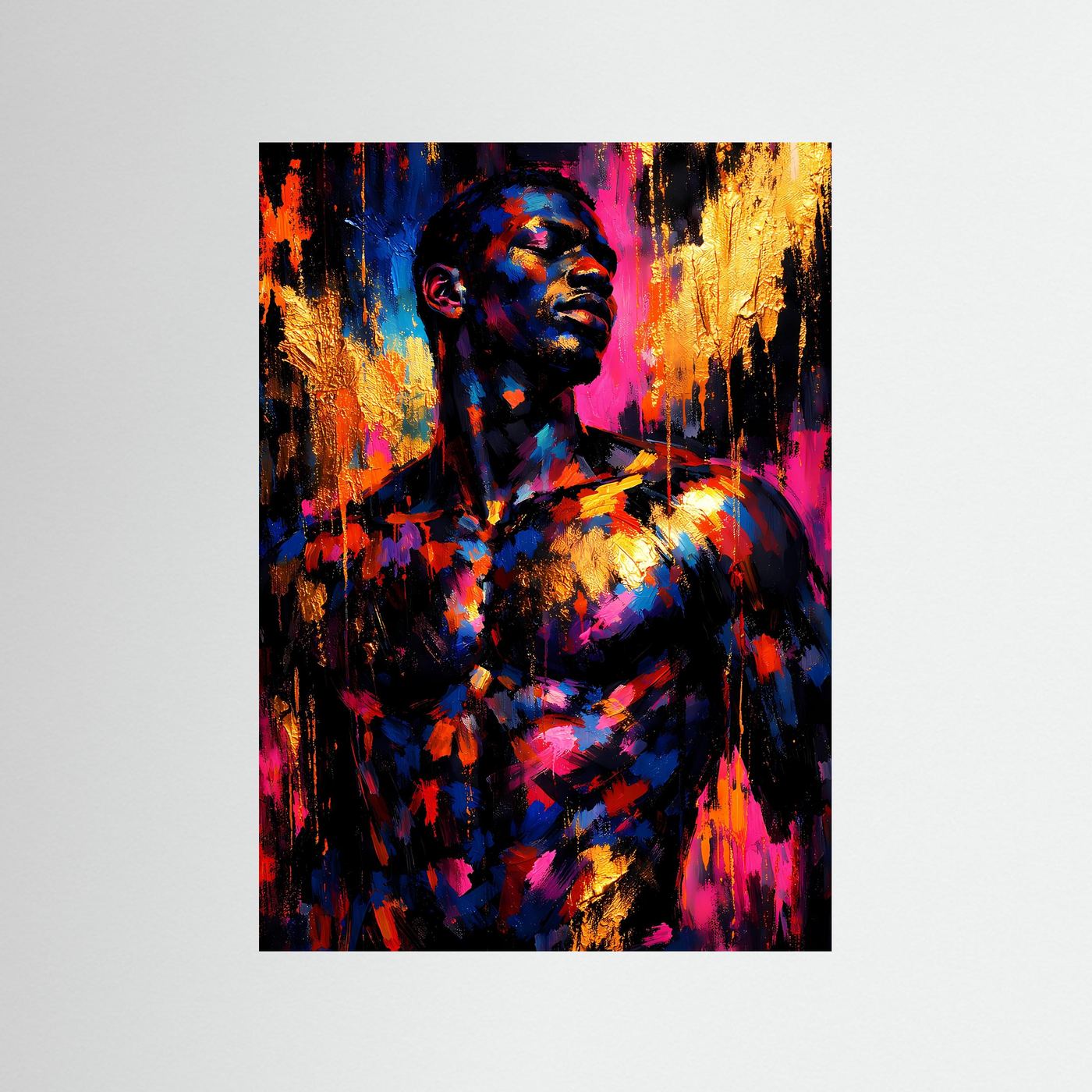 Abstraktes Kunstposter mit männlichem Porträt, Blau/Magenta/Gold, ohne Rahmen