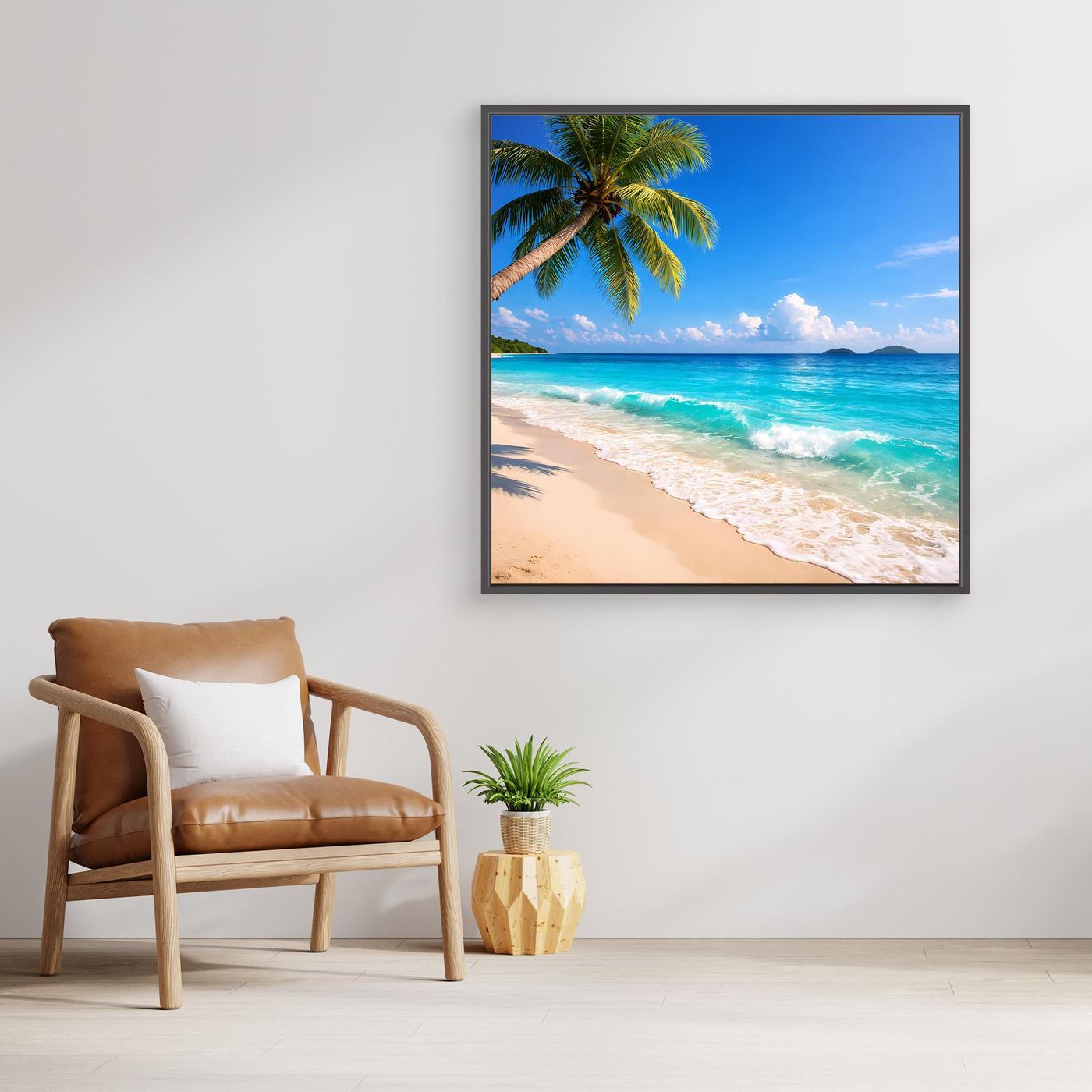 Leinwandbild Tropischer Strand mit Palme: türkisfarbenes Meer, weißer Schaum und Sandufer