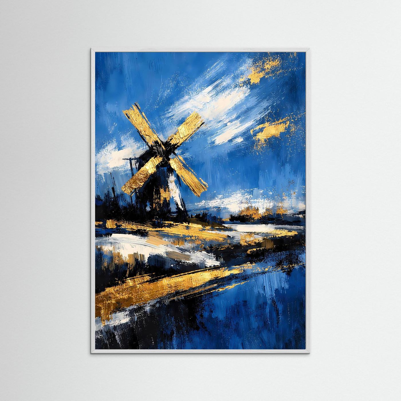 Wandkunstposter mit Windmühle in Gold auf blauem Landschaftsgemälde, mit Holzrahmen