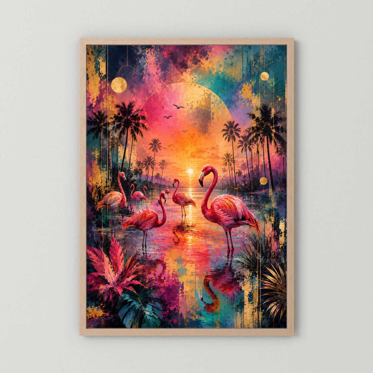 Hochformat-Poster mit Flamingos im tropischen Sonnenuntergang, Holzrahmen