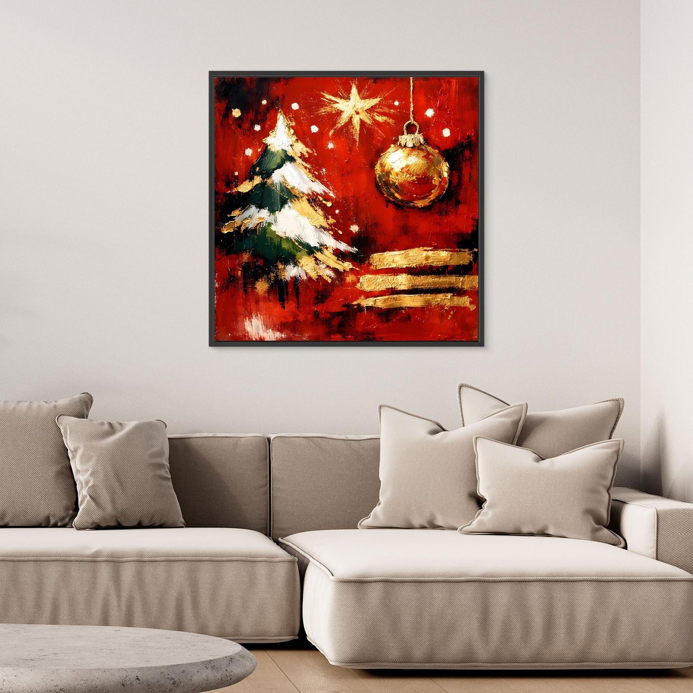 Gerahmtes Wandbild mit Weihnachtsbaum-Illustration, Stern und goldenen Kugelakzenten auf Rot