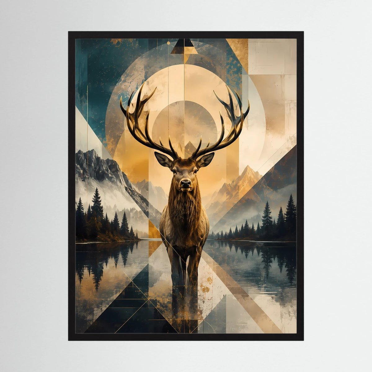 Hochformatiges Poster mit majestätischem Hirschkopf in goldfarbenen geometrischen Formen
