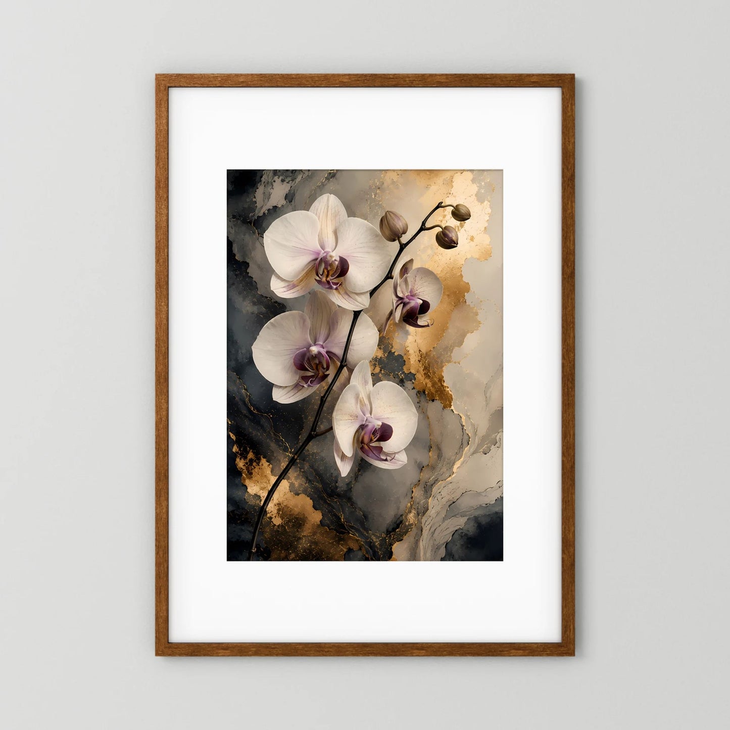 Weiße Orchideen mit Gold | Elegante Blüten auf Marmoroptik | Poster Hochformat