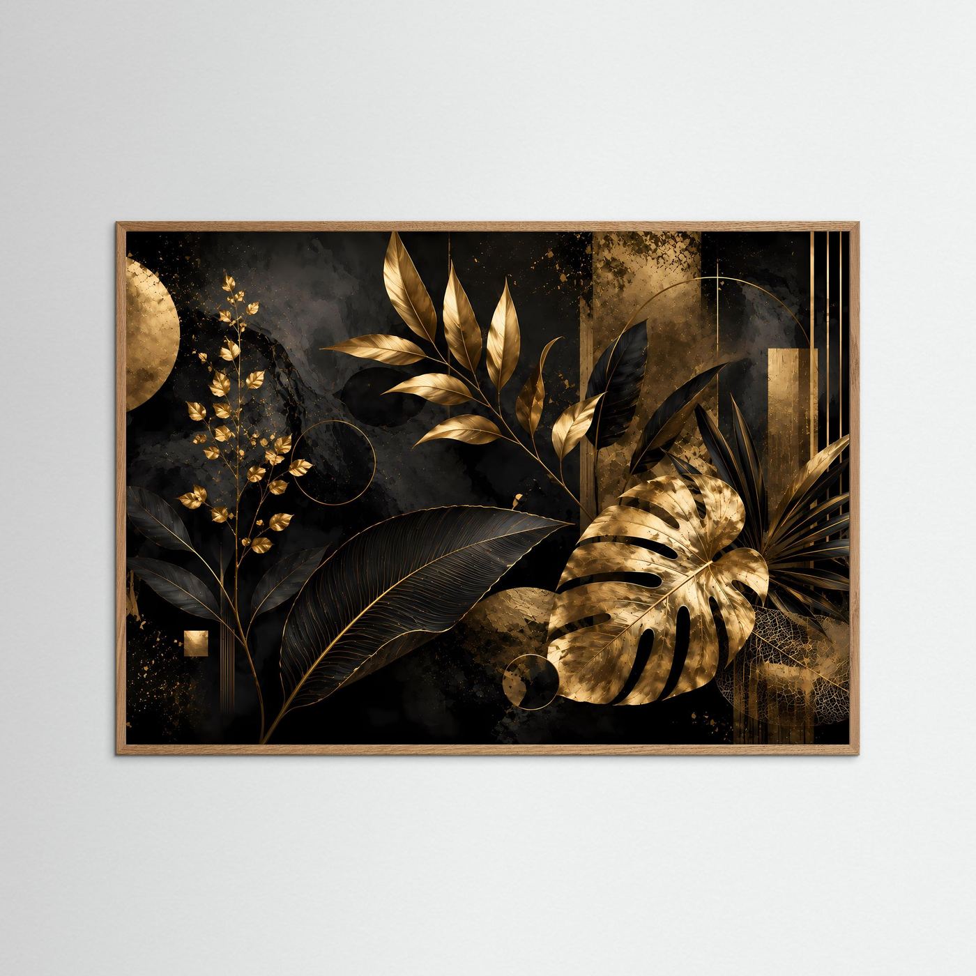 Monstera-Poster im Querformat mit hellem Holzrahmen, goldene Blätter auf dunkler Fläche
