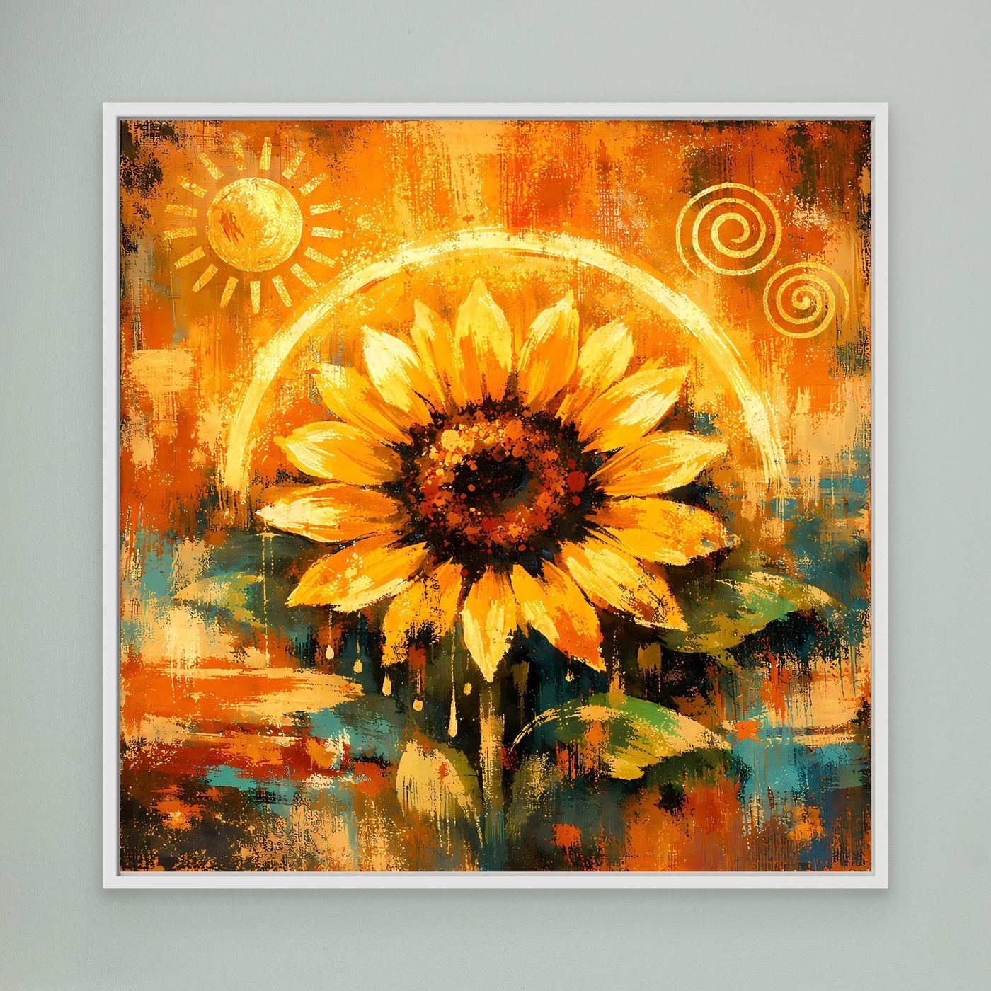 Wandbild mit abstrakter Sonnenblume in Goldtönen, mit hellem weißem Rahmen