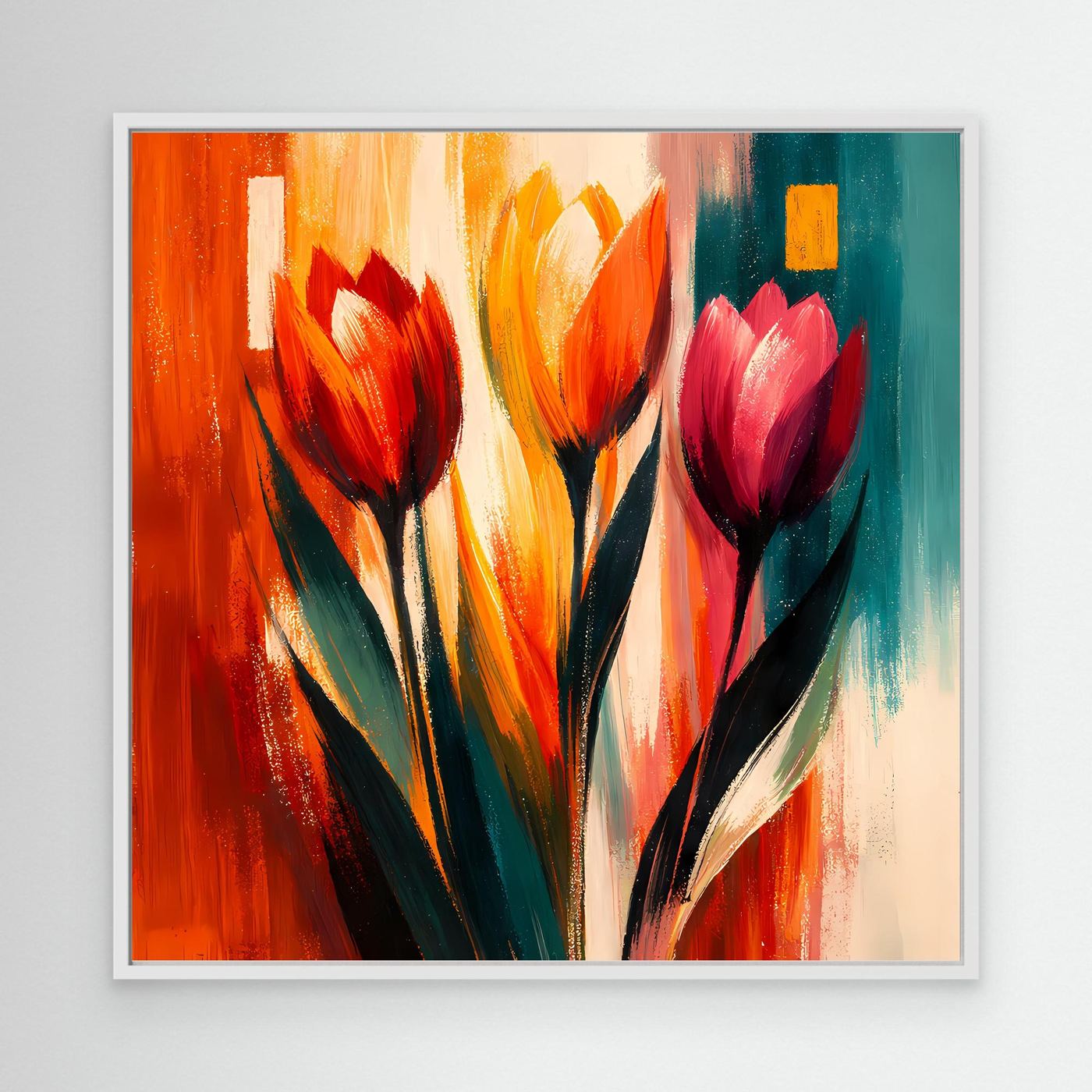 Leinwandbild mit abstrakten Tulpen in bunten Farben, mit weißem Rahmen