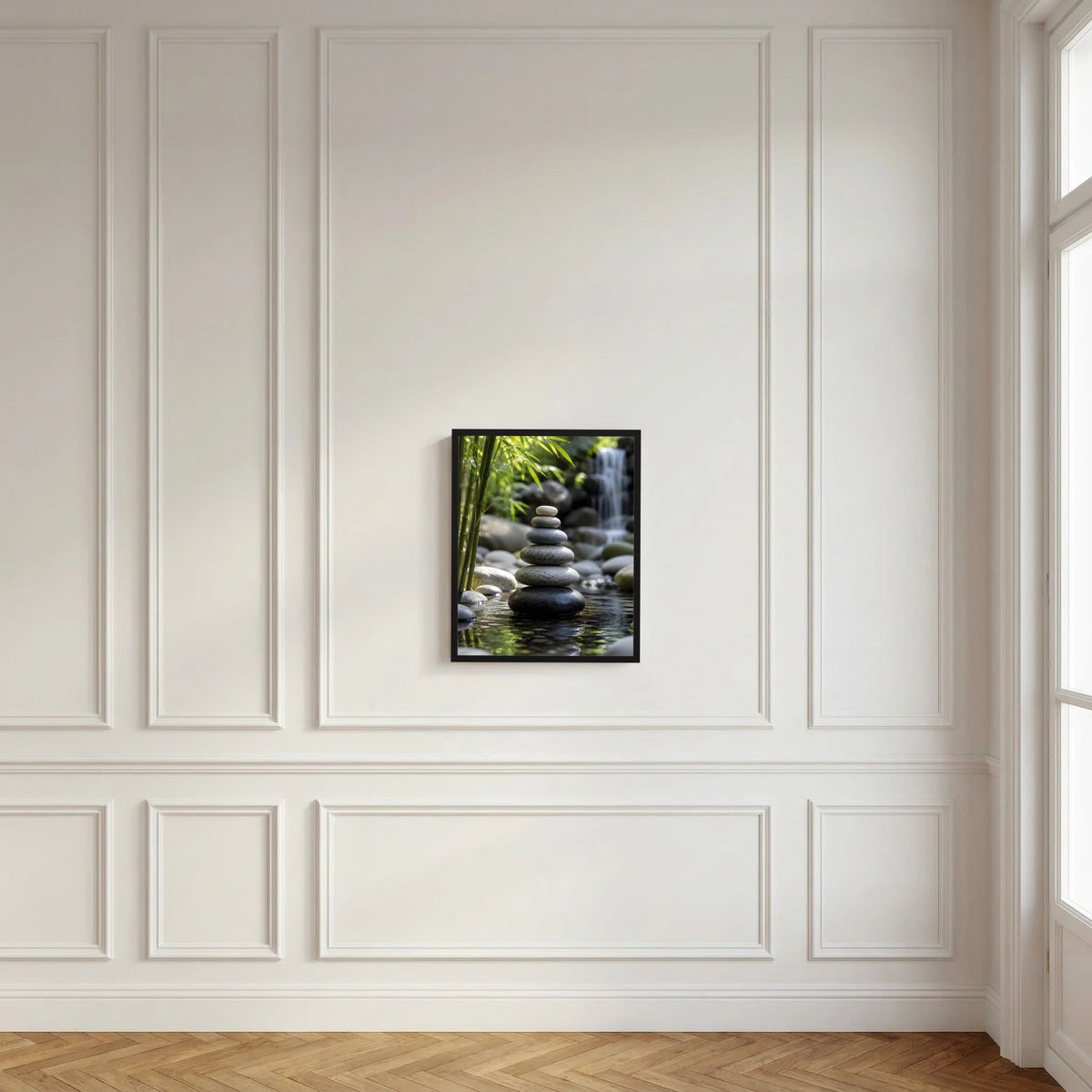 Hochformat-Kunstposter mit gestapelten Steinen, Bambus und Wasserfall im dunklen Rahmen
