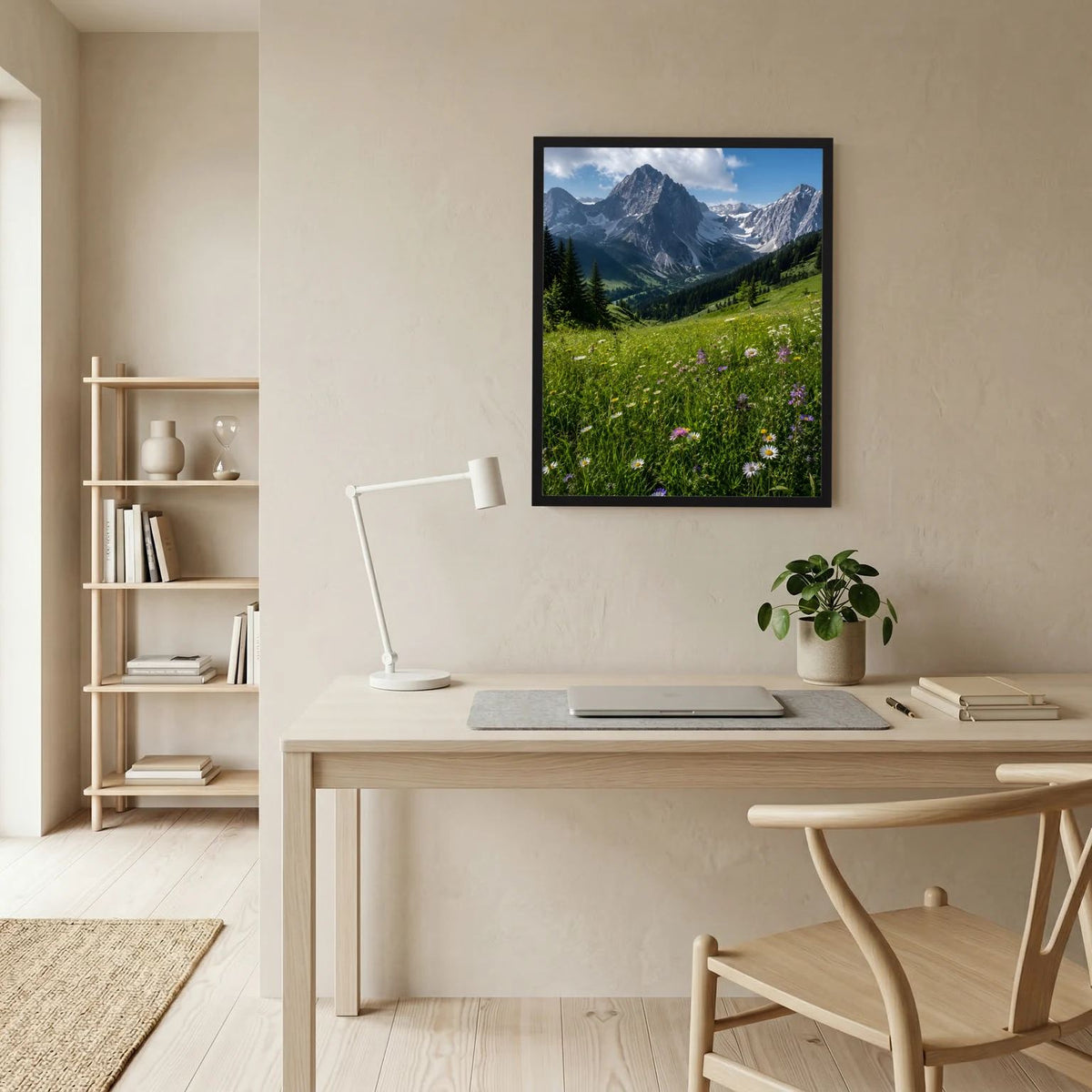 Wandbild im dunklen Rahmen mit Alpenwiese und Wildblumen an hellen Wänden