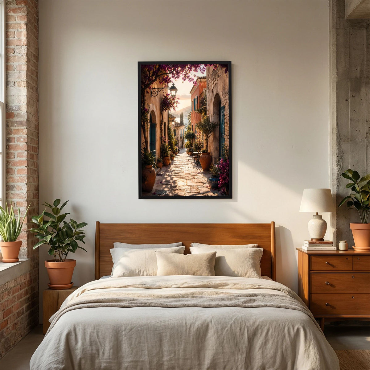 Hochformat-Poster mediterrane Gasse mit Bögen, Pflanzkübeln und violetten Blüten im schwarzen Rahmen.
