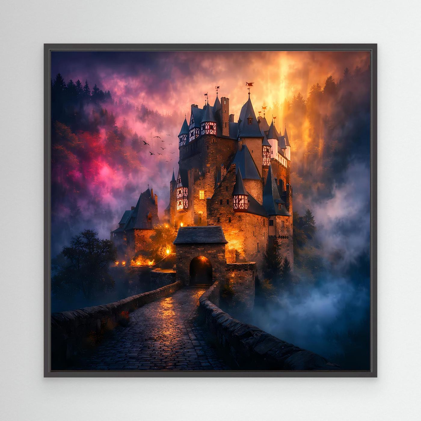 Leinwand Mystische Ritterburg im Nebel | Abstraktes Märchenschloss Wandbild