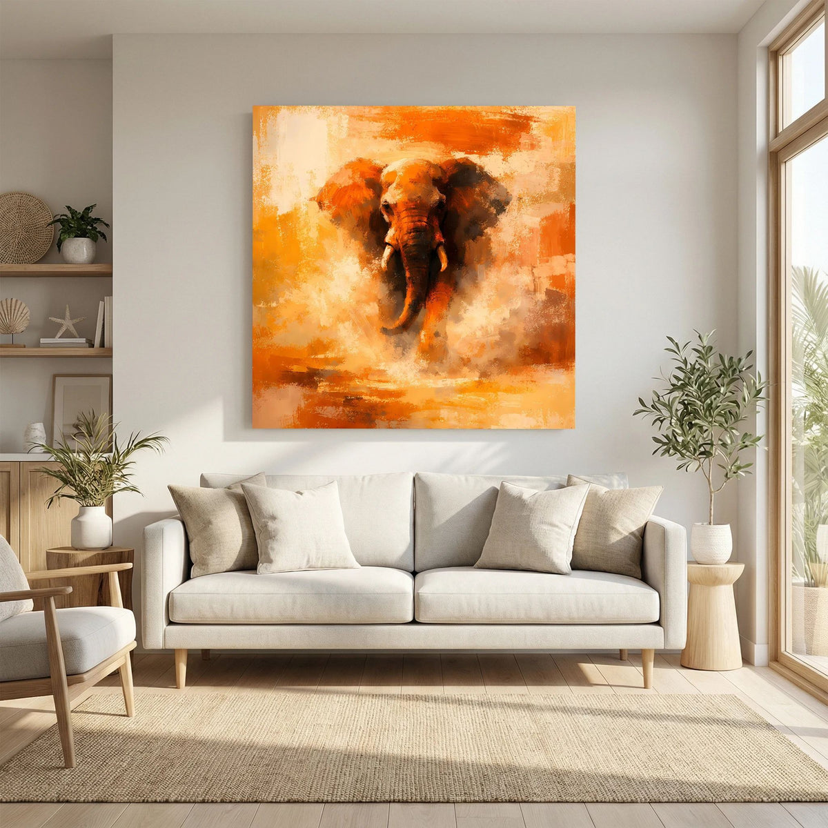 Leinwand Abstraktes Elefanten Gemälde | Modernes Kraftvolles Tier Wandbild Orange Ocker