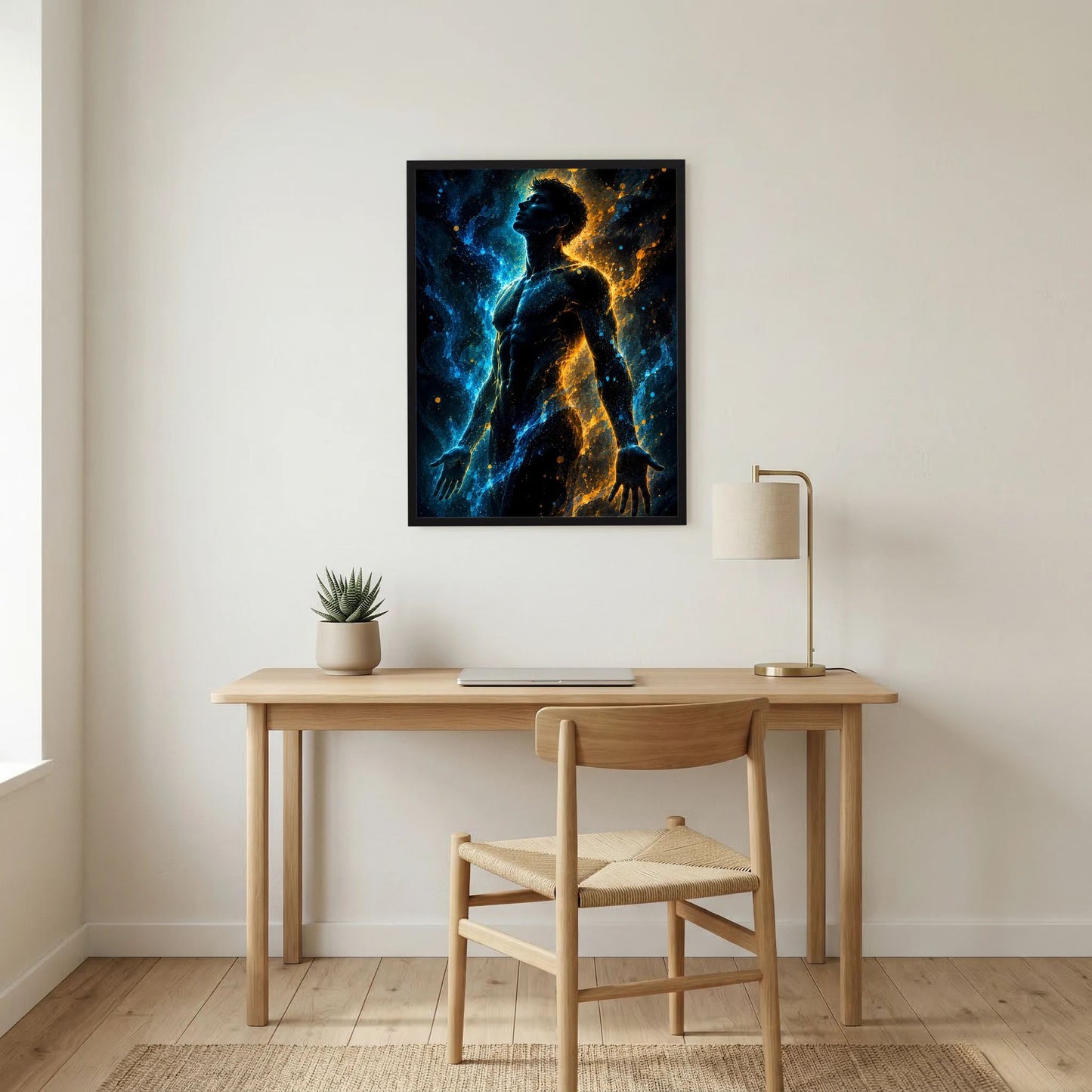 Hochformatposter mit männlicher Silhouette, blau leuchtende Energie in Goldtönen, schwarz gerahmt