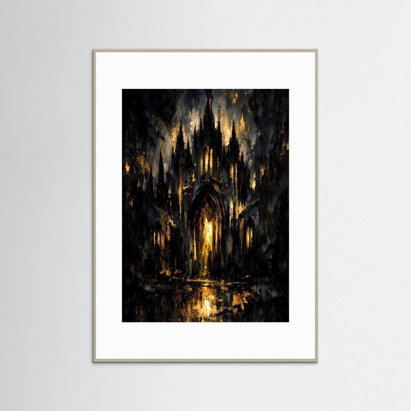 Kathedralen-Poster im grauen Rahmen, schwarzes Motiv mit goldenen Lichtern, hochformatig