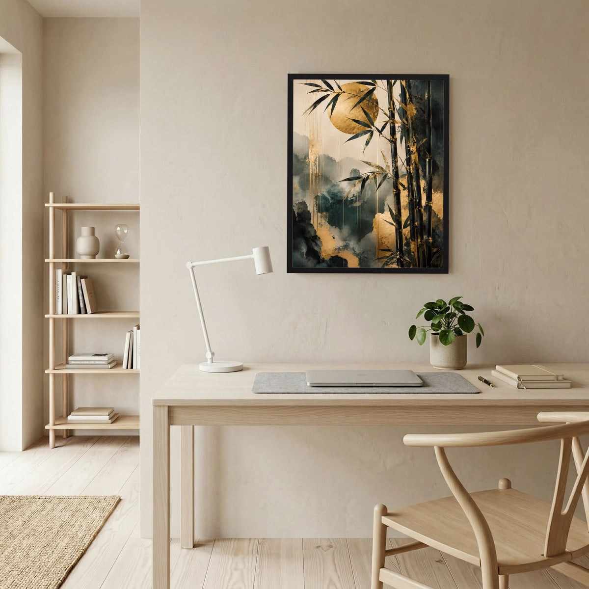 Schwarz gerahmtes Poster mit abstrakten Bambuslinien und goldenen Streichungen