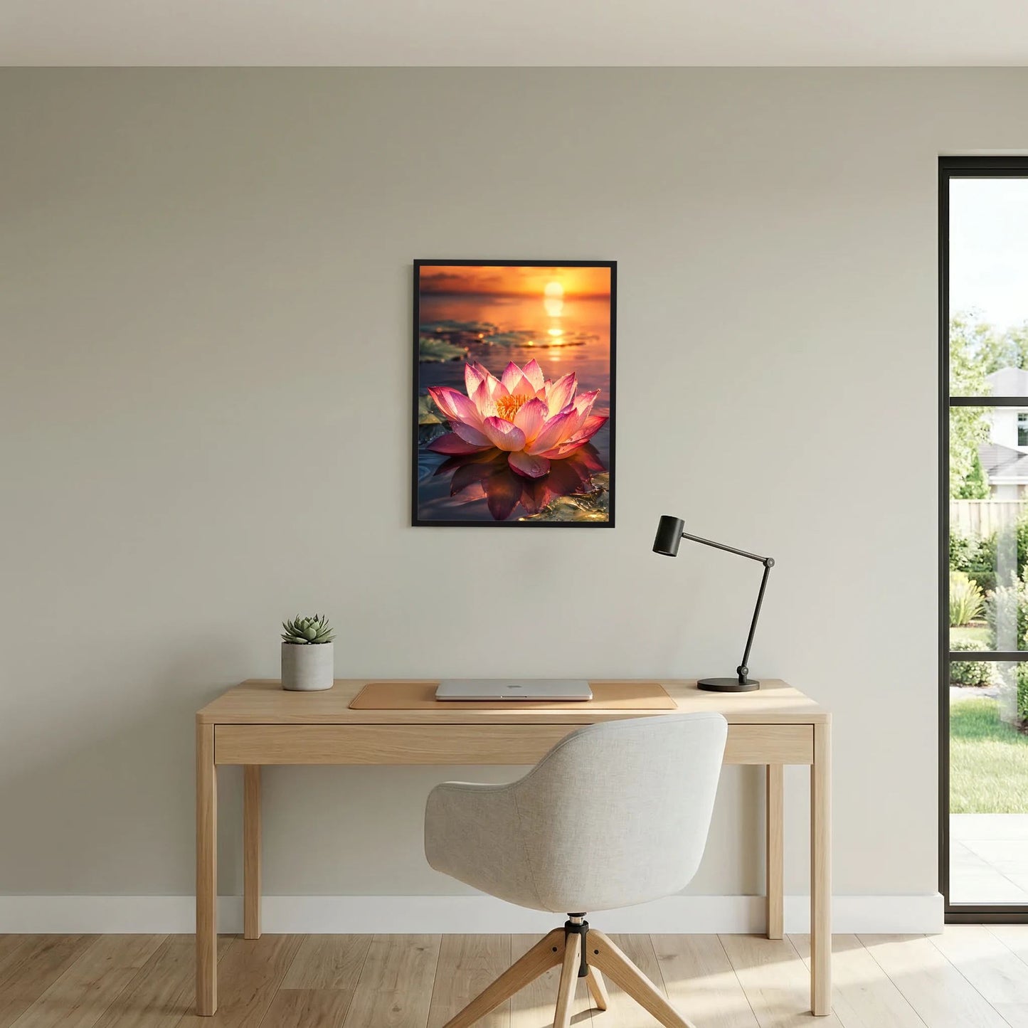 Gerahmtes Hochformat-Poster mit rosa Lotusblüte und goldener Sonne am Horizont