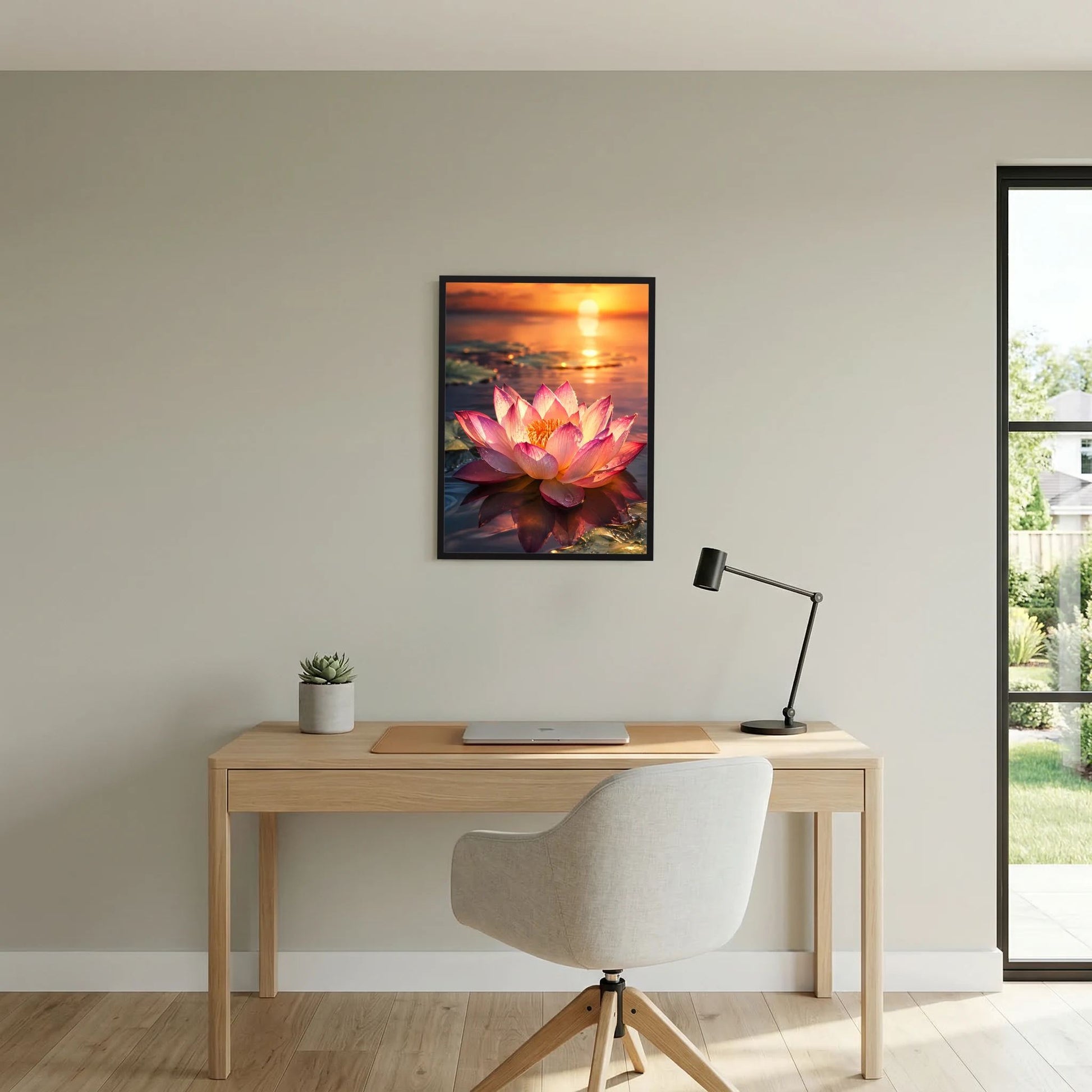 Gerahmtes Hochformat-Poster mit rosa Lotusblüte und goldener Sonne am Horizont