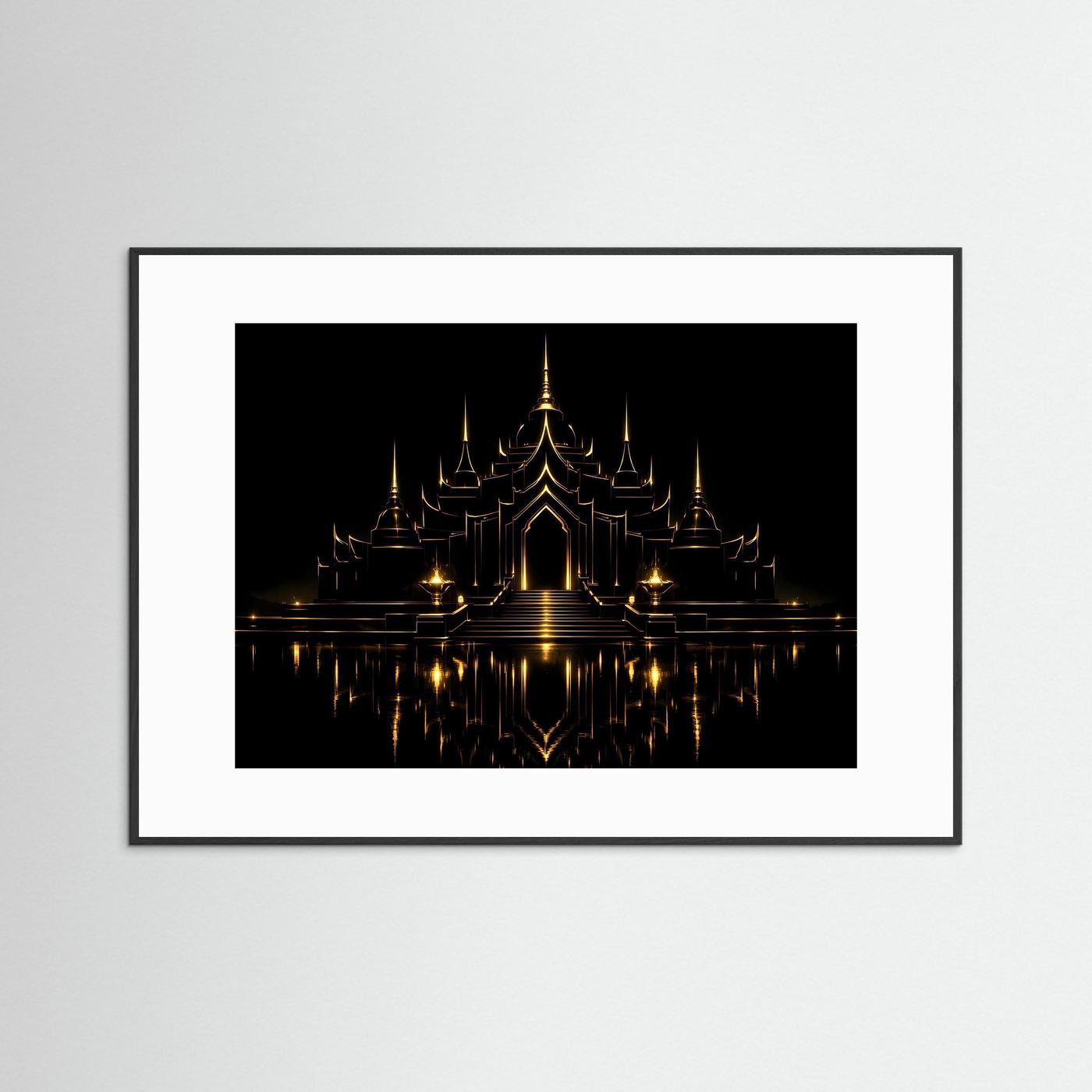 Poster mit goldener Tempelarchitektur, schwarzem Hintergrund, Spiegelbild, weißer Rahmen.