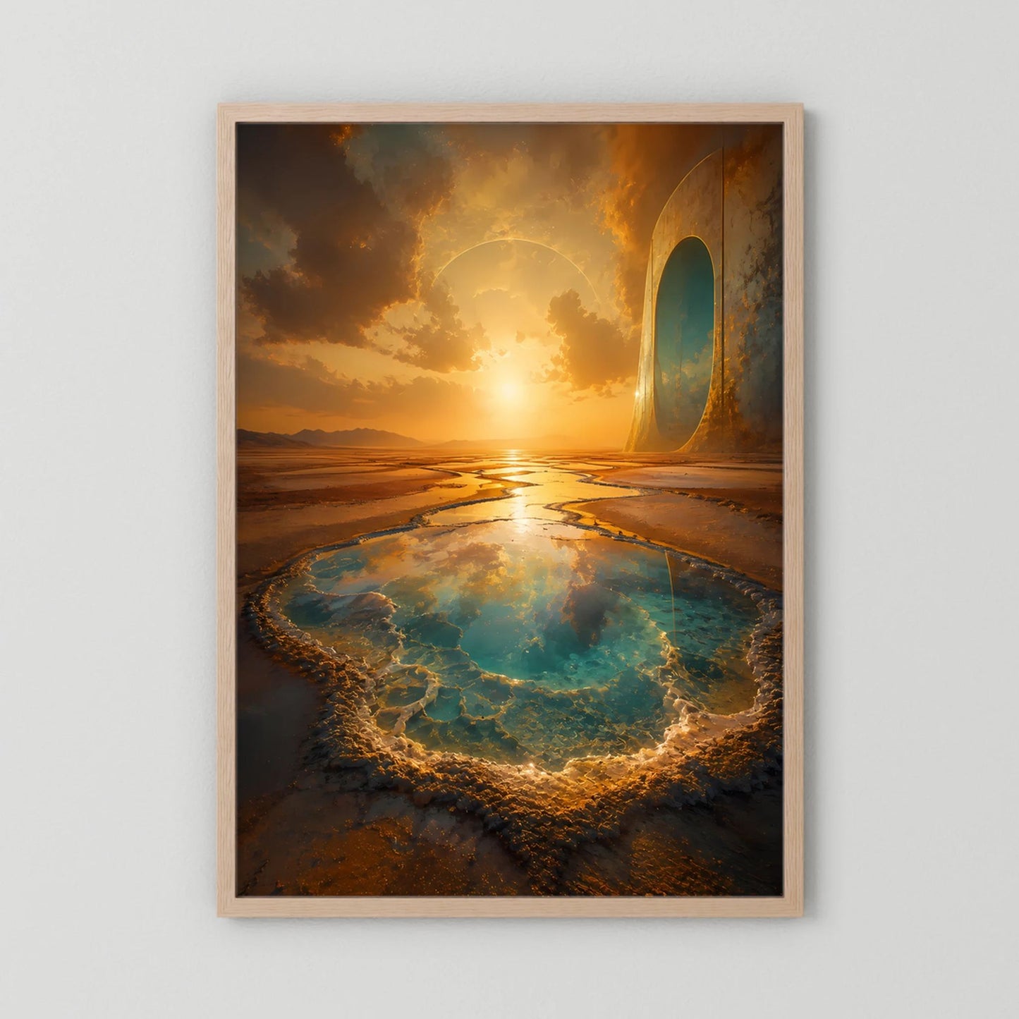 Hochformatiges Poster mit surrealer Wüstenlandschaft, türkisfarbener Quelle und Portal, Holzrahmen