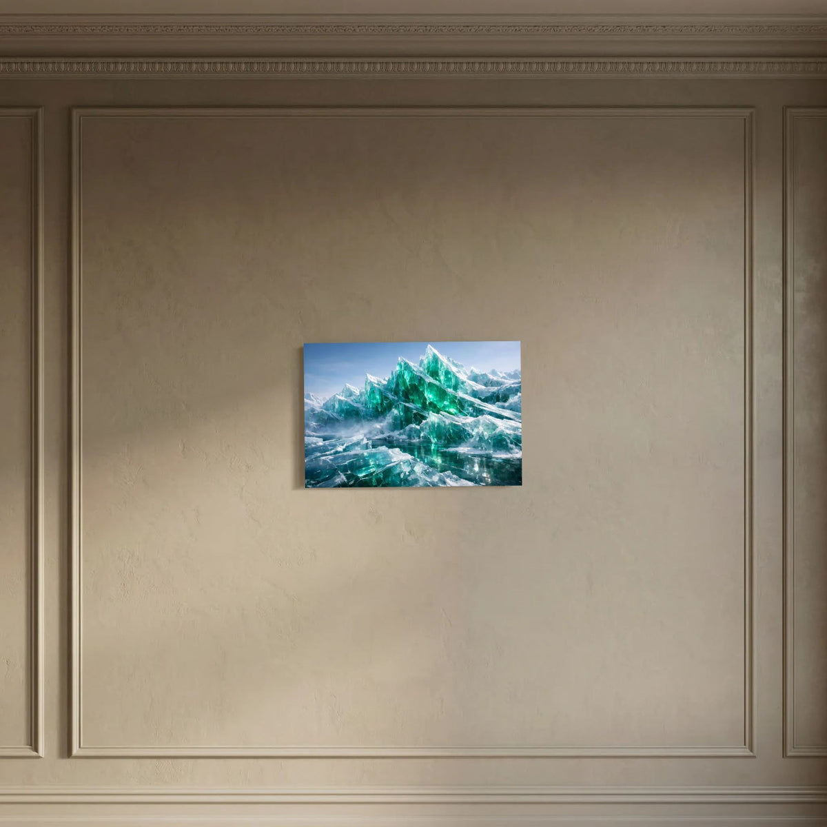 Wandposter mit smaragdgrünen Eisbergen, Querformat, in ornamentaler Paneelwand