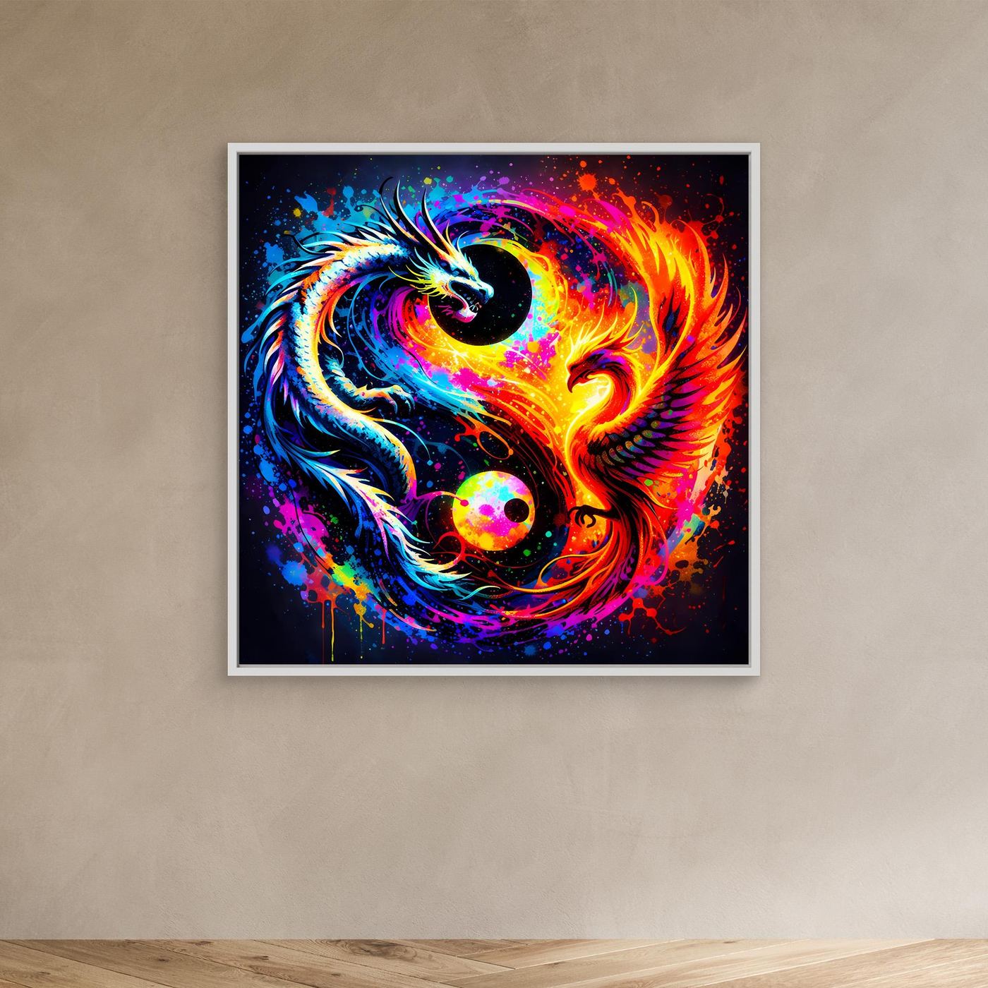 Leinwandbild mit Drache-und-Phönix-Yin-Yang-Motiv, bunt, mit weißem Rahmen