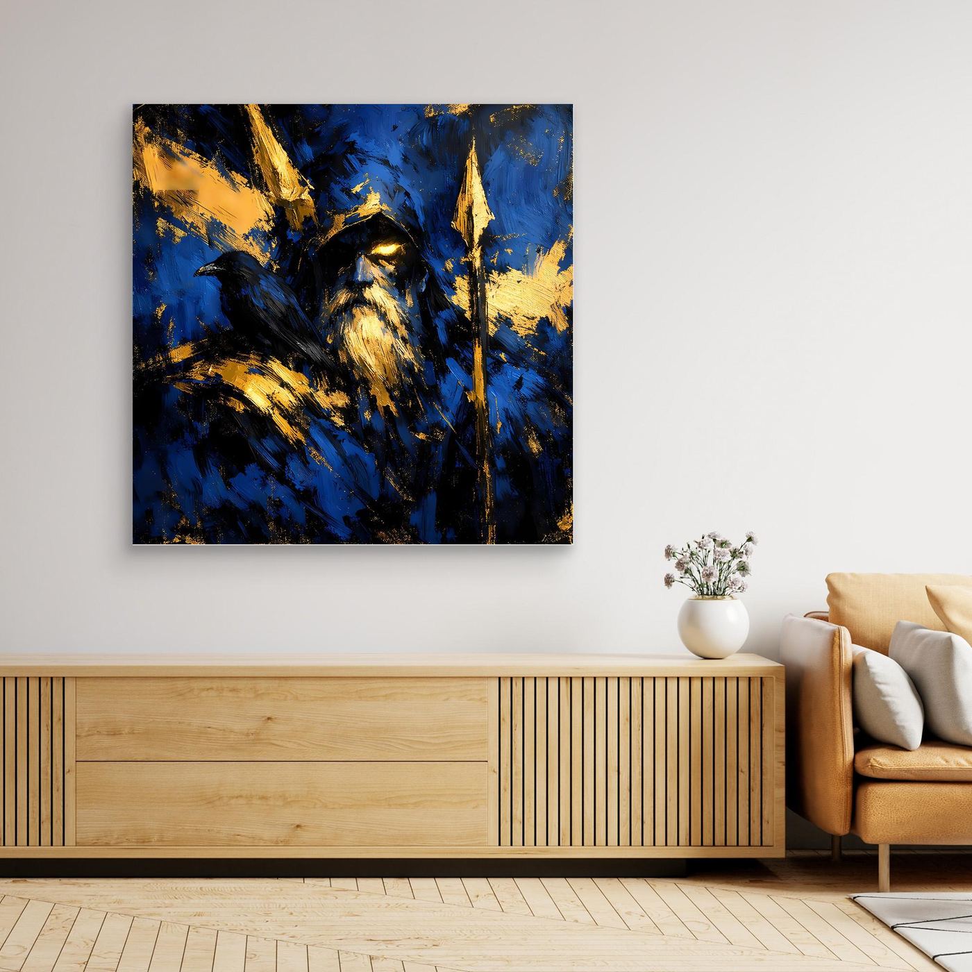 Leinwand Odin der Allvater in Blau und Gold | Modernes Nordische Mythologie Wandbild mit Rabe
