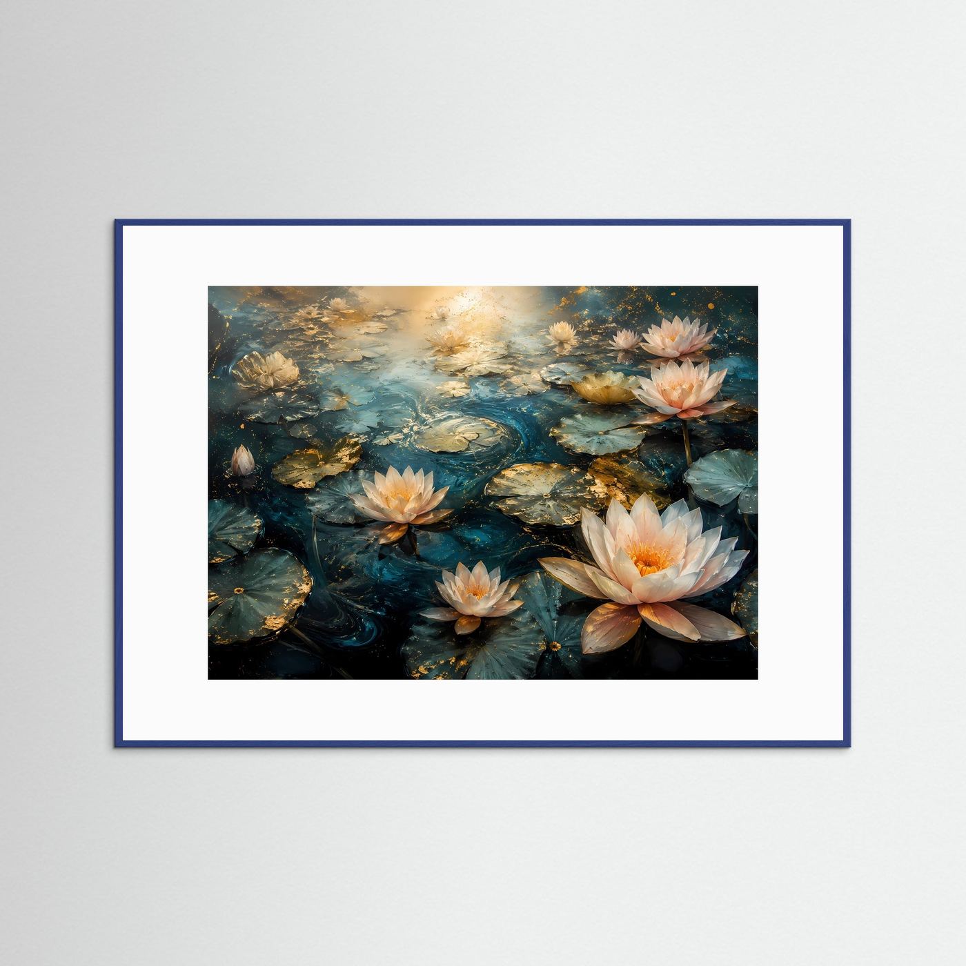 Seerosen Poster | Lotusblüten Wandbild | Eleganter Seerosenteich | Gold Blau Kunst | Premium Leinwandbild