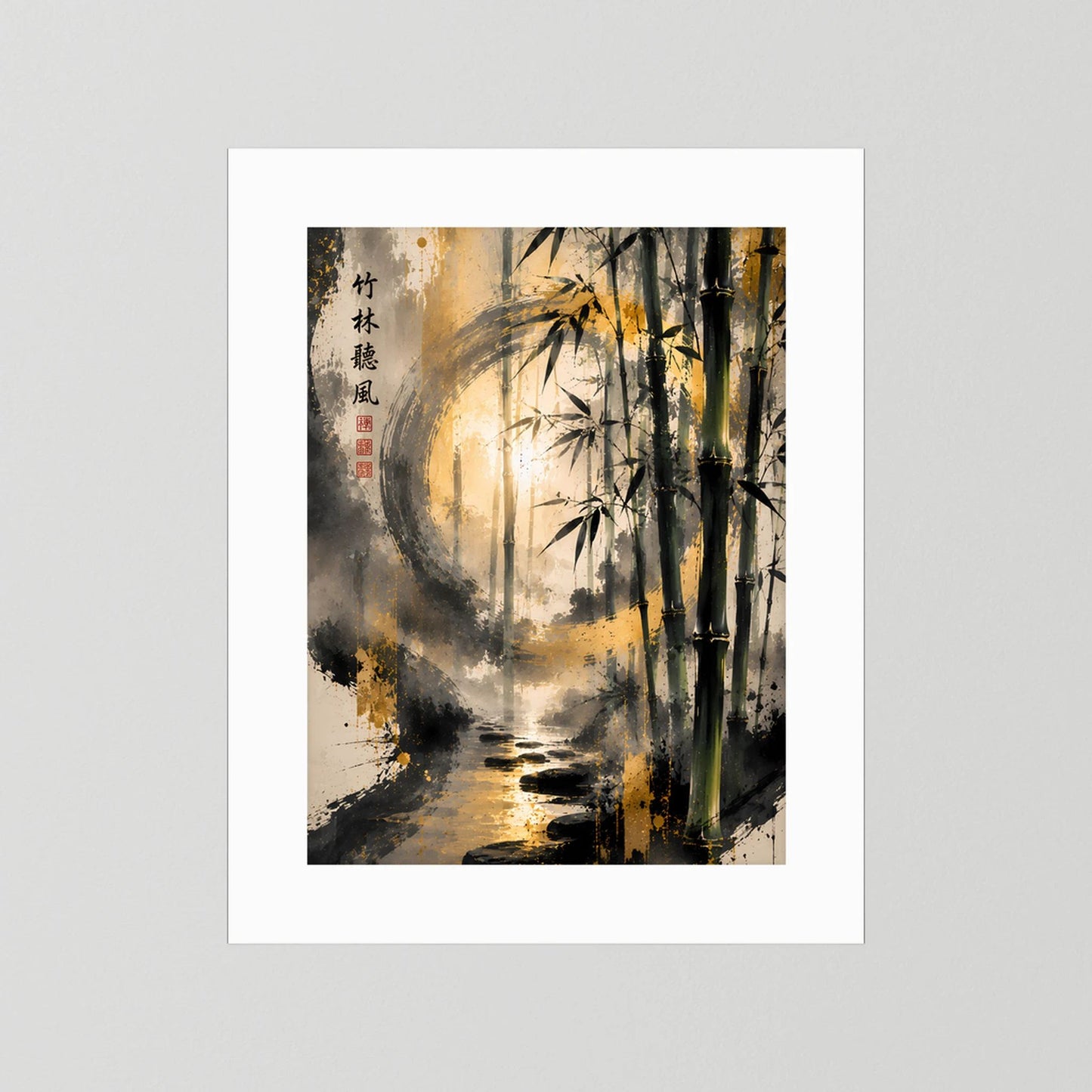 Kunstposter Hochformat mit Bambus-Zen-Landschaft, goldene Lichtbahn, weiße Umrandung