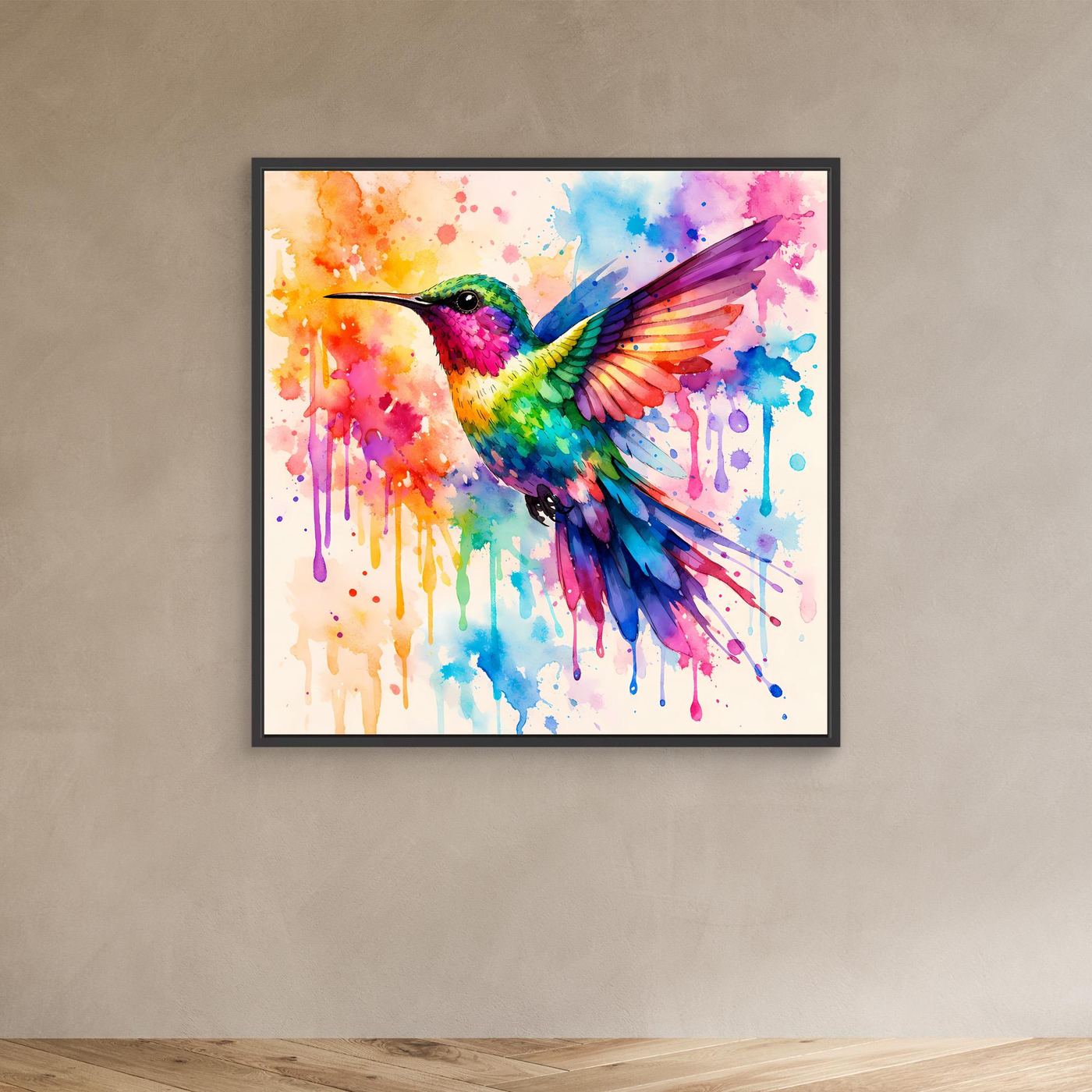 Leinwandbild Kolibri im Aquarell, farbenfroher Vogel mit schwarzem Rahmen