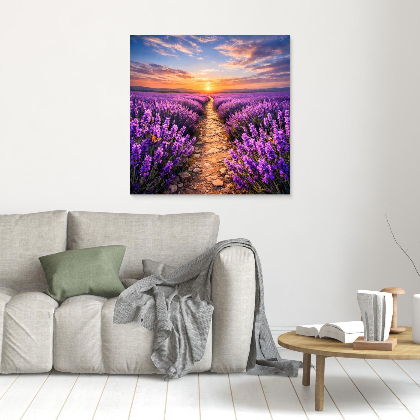 Leinwandbild mit Lavendelfeld und Sonnenuntergang, lila Blütenweg, klein, ohne Rahmen