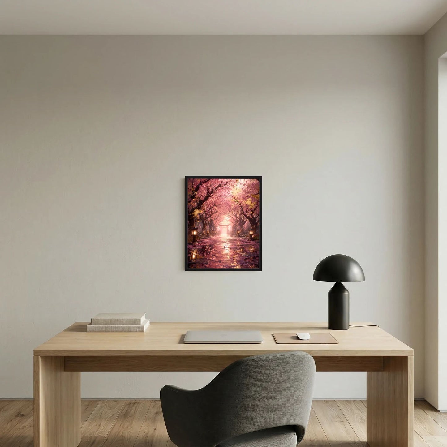 Gerahmtes Hochformat-Poster: Kirschblütenallee mit Torii-Tor im Lichtschein und Laternen
