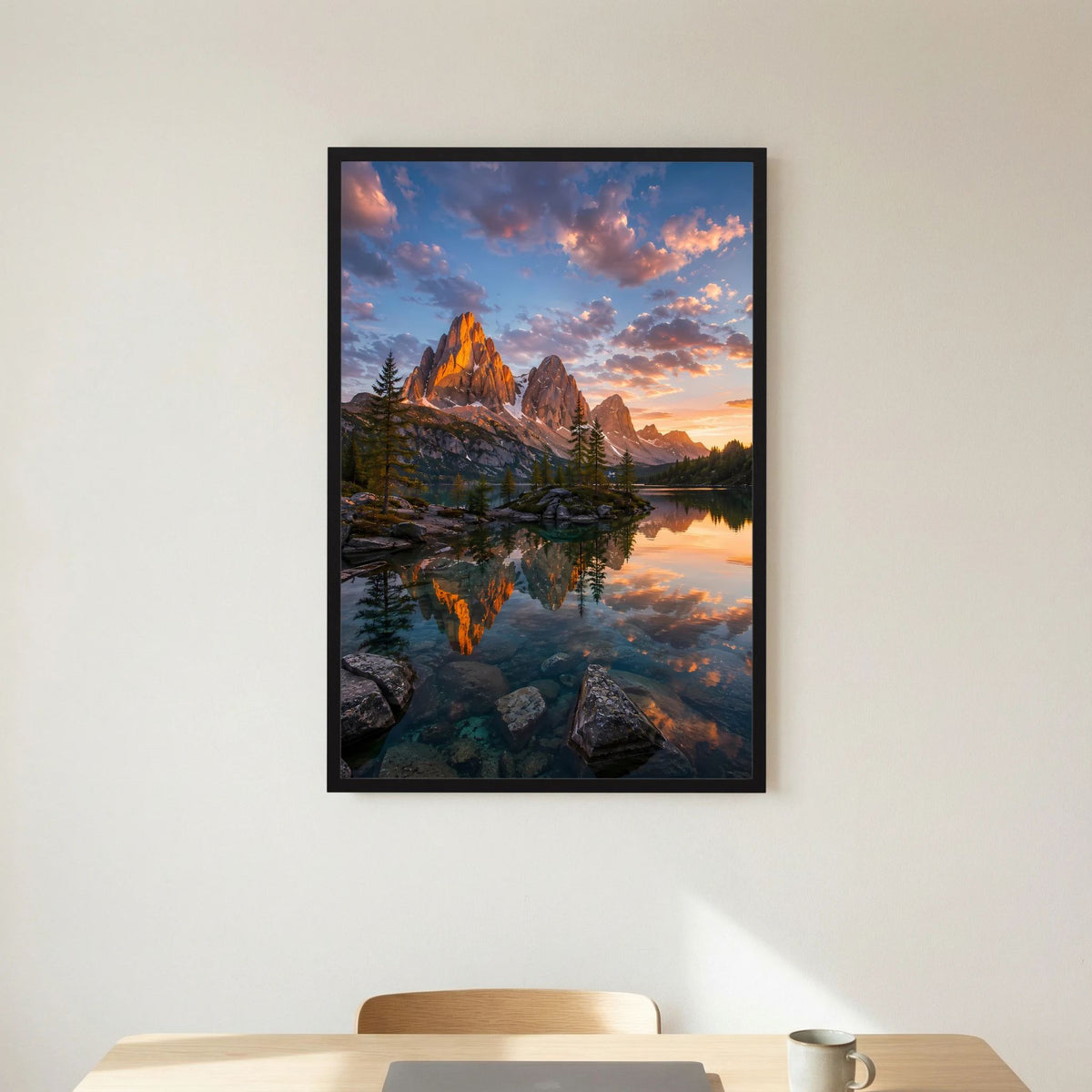 Bergsee im Sonnenuntergang | Leuchtende Berglandschaft mit Spiegelung | Poster Hochformat