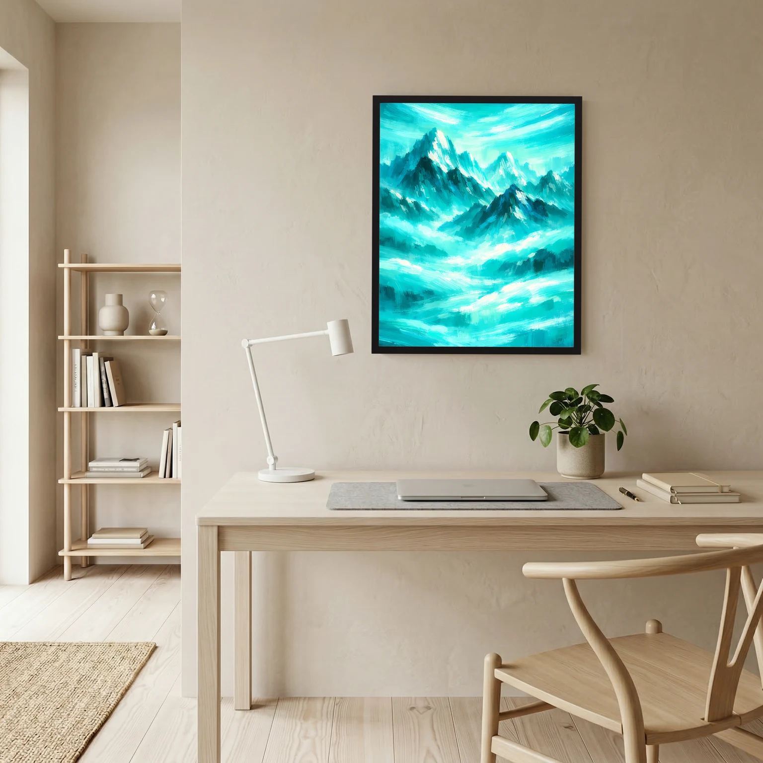 Gerahmtes Poster mit abstrakten türkisfarbenen Bergen und weißen Wolkenlinien