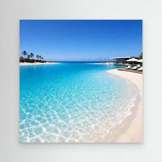 Leinwandbild Strand mit türkisblauem Meer, hellen Wellen und Sandküste