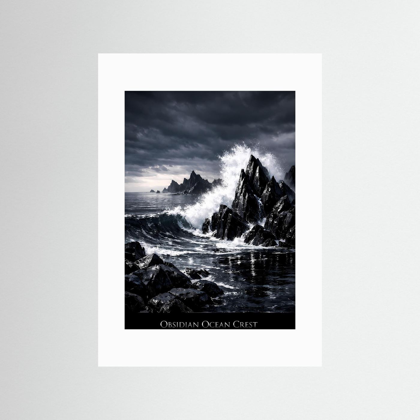 Naturposter im Hochformat mit weißem Passepartout: dunkle Felsküste, Brandung