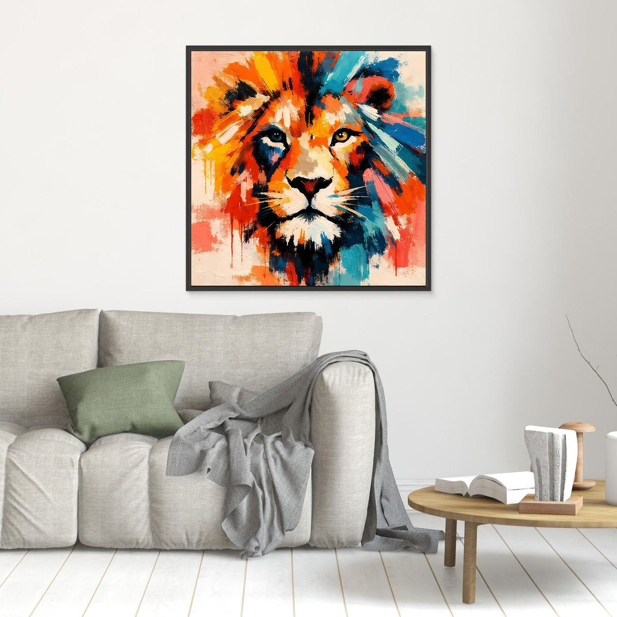 Abstraktes Löwenkopf-Leinwandbild, orange und blau, mit schwarzem Rahmen, klein