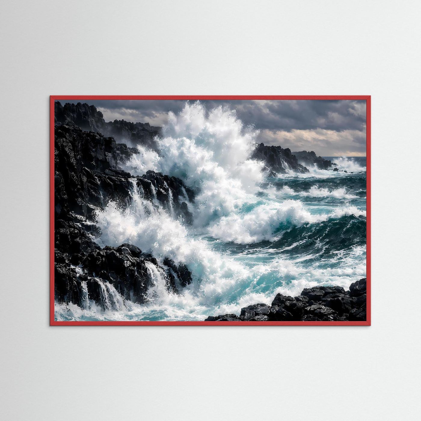 Meer-Wandbild mit Steinküste, Wellen und Felsen im roten Holzrahmen.