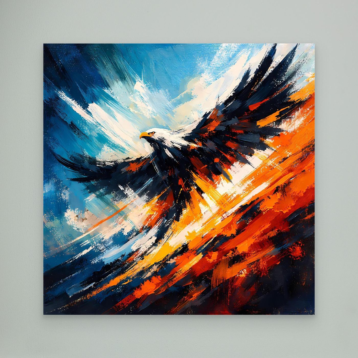Abstraktes Leinwand-Wandbild mit Adler im Flug, starke Pinselstriche in Blau und Orange